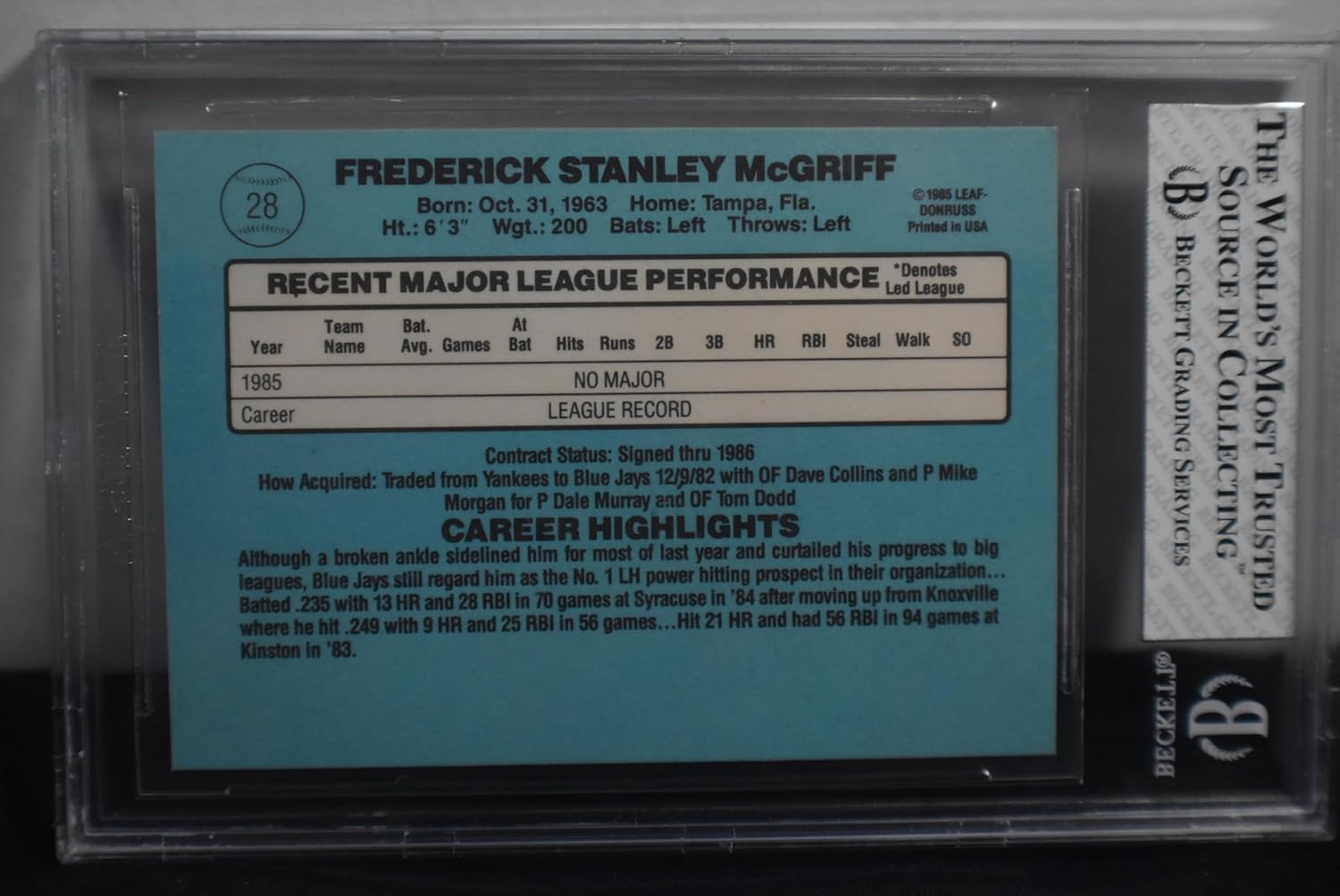 FRED MCGRIFF 1986 Donruss #28 Baseball Rookie Card RC Beckett Graded Near Mint 7! Toronto Blue Jays