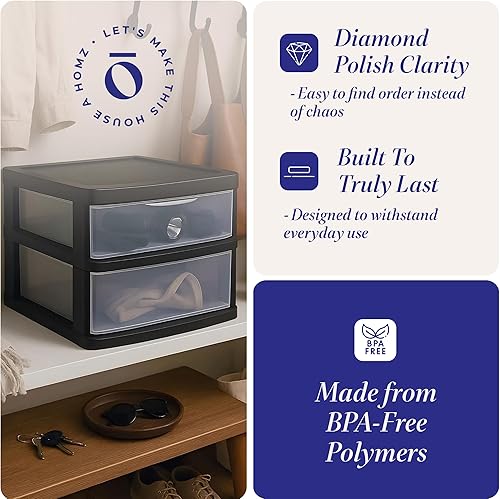 Miniatura 4 de HOMZ Paquete de 2 carritos de almacenamiento de 2 cajones, cajones de plástico transparente, 14.25 pulgadas de ancho, mediano, marco negro,