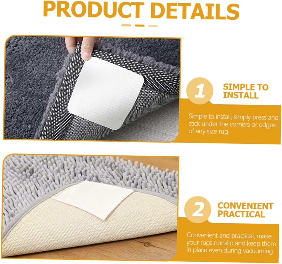 SOLUSTRE 12pcs Non-Slip Carpet Grippers Square Rug Pads for Hardwood Floors Strong Adhesive Anti-Slip Tape Easy to Install Rug Stoppers for Area and Sofa Mats