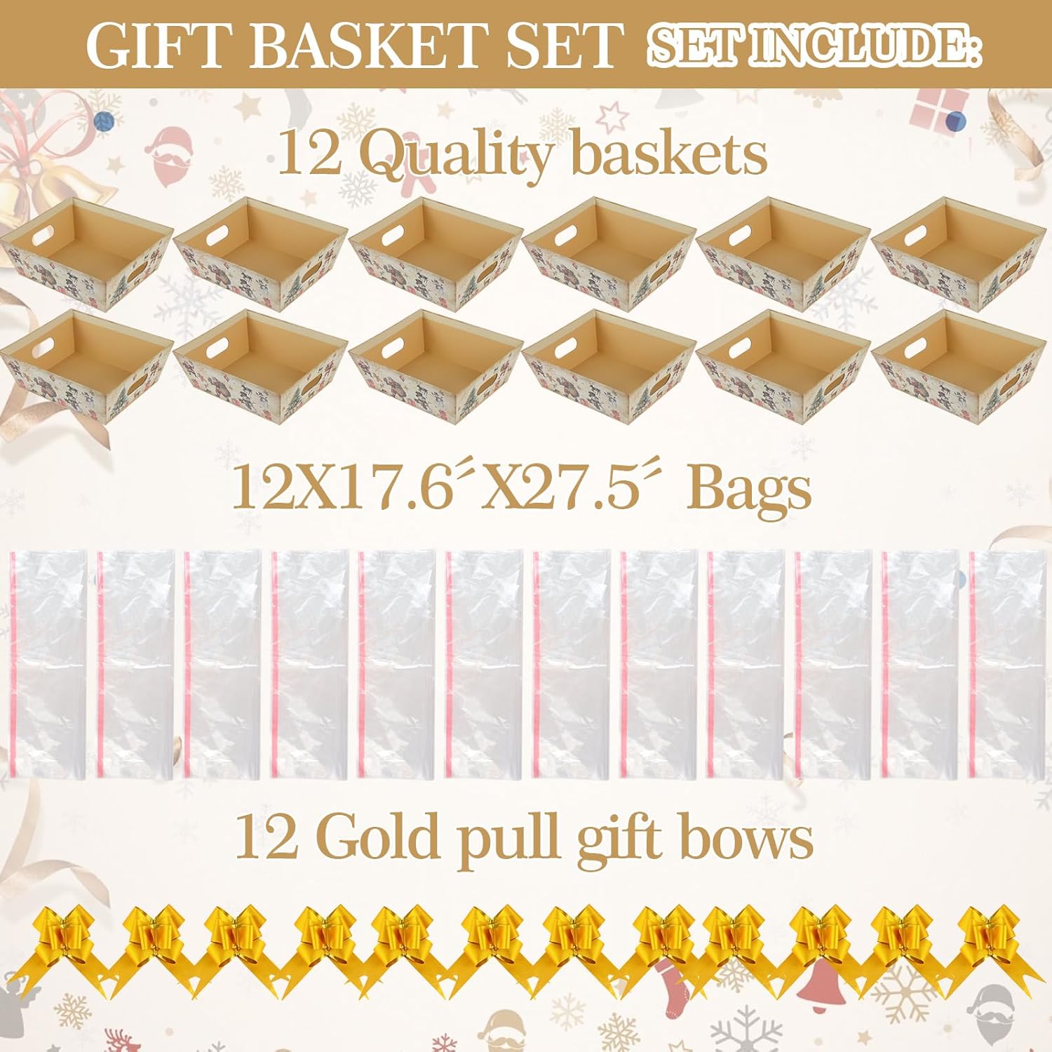 Kolewo4ever 36Pcs 12 Pack Christmas Basket Gifts Set 8x10'' Gifts Baskets for Gifts Empty to Fill with Baskets Empty, Vintage Style Xmas Basket Bags,Pull Bows for Christmas Holiday