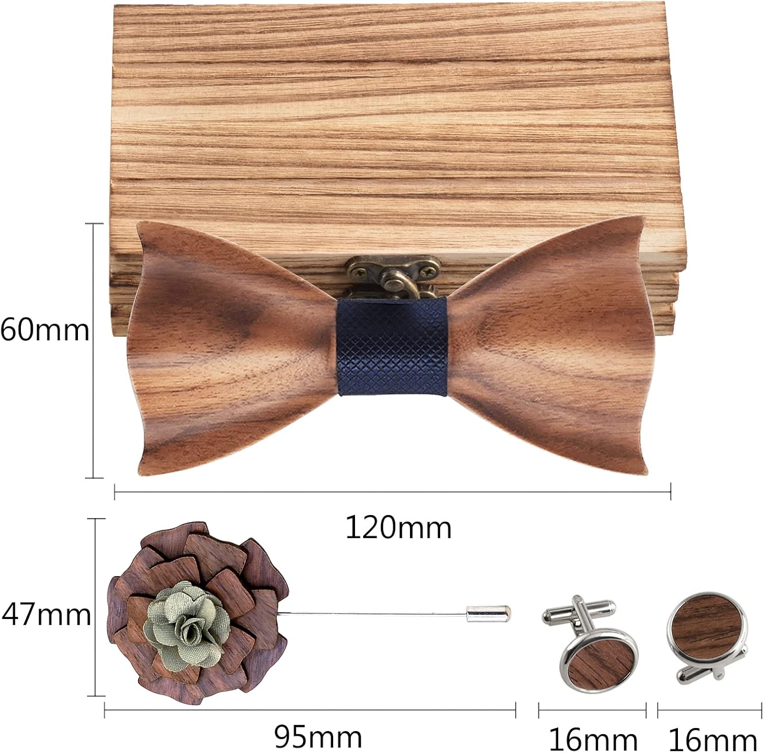 Mens Wooden Bow Tie Set, 3D Design Wood Bow Tie with Cuff links & Lapel Flower & Pocket Square