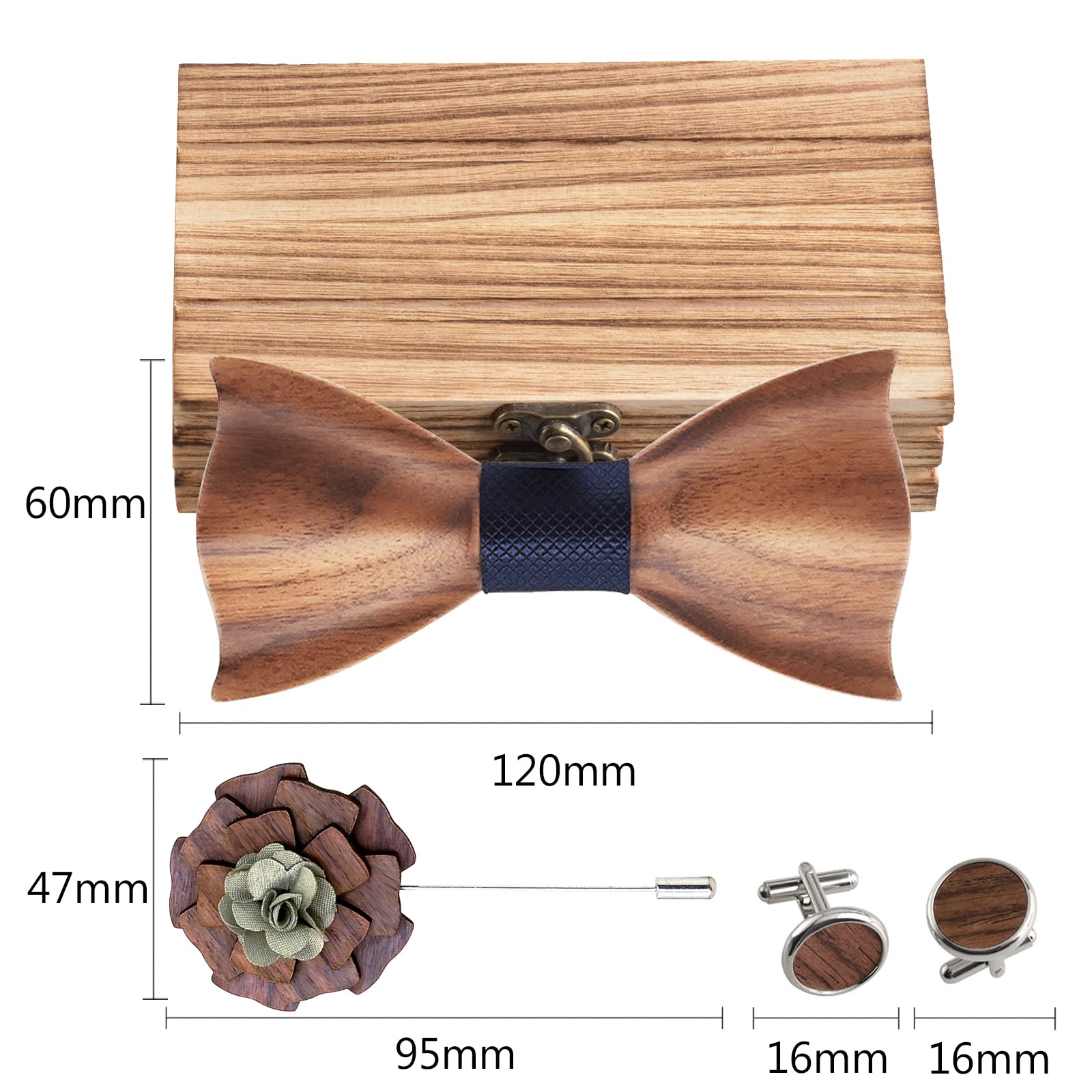 Mr.Van Holzfliege Klassische Set Fliege Herren,Holzfliege, Holz Manschettenknöpfe, Holzbrosche, Einstecktuch für Hochzeiten, Aufführungen, Abschlussball, Partei und sogar tägliche Gebrauch