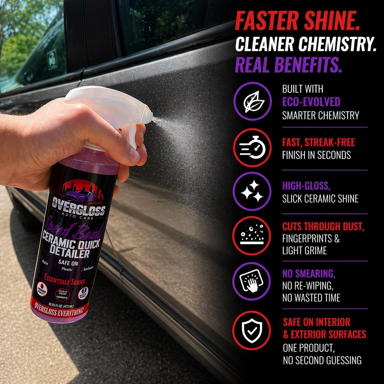 Speed Beads Ceramic Quick Detailer Spray, Si02 Hydrophobic Paint Protection, Streak-Free Gloss Enhancer, Non-Toxic Formula, 16 oz, By OverGloss Auto Care