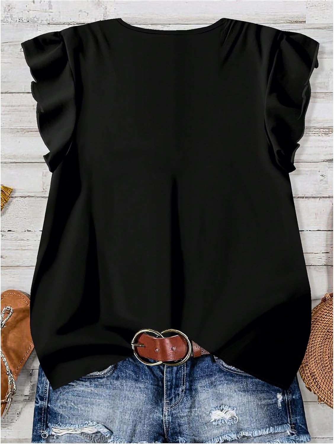 SOLY HUX Women's Plus Size V Neck Ruffle Cap Sleeve Blouse Button Shirts Summer Vacation Tops - Image 2