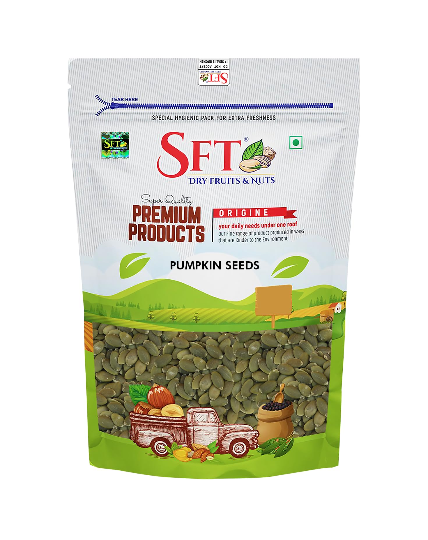SFT Pumpkin Seeds, 1 Kg, Rich in Protein, Dietary Fibre, Magnesium & Phosphorus, Raw & Unroasted Pumpkin Seeds, Source of Iron & Zinc, Handpicked Seeds, Resealable Pack
