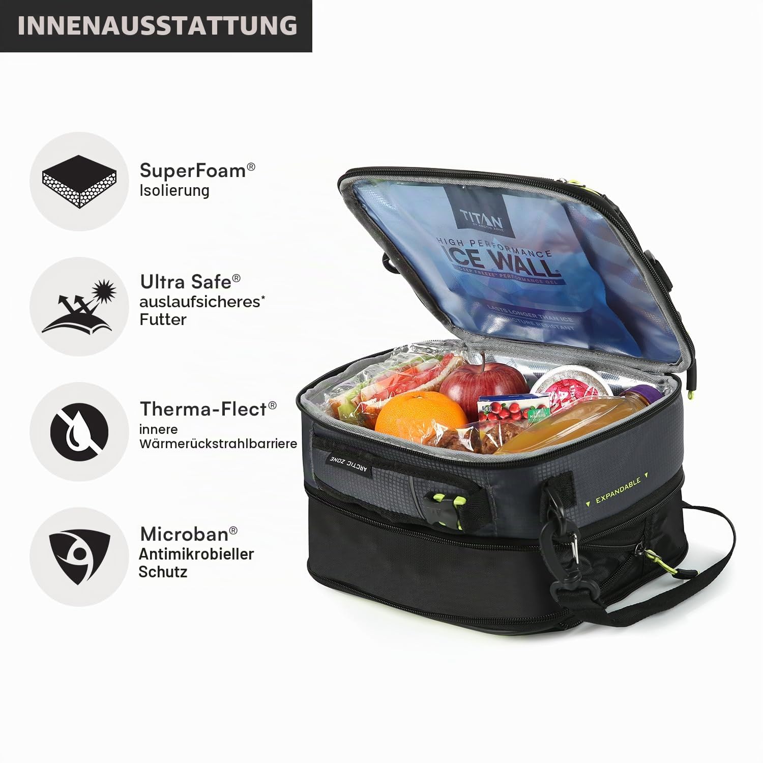 Arctic Zone Titan Deep Freeze Fridge Cold Expandable Insulated Horizontal Lunch Pack with 2X 250g High Performance Ice Walls,