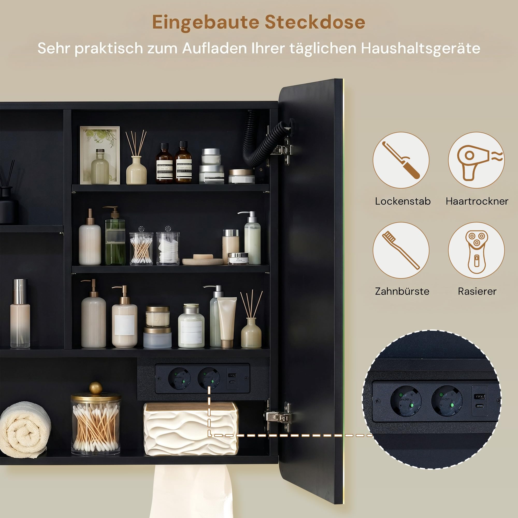 CLIPOP Spiegelschrank Bad mit Beleuchtung,Badezimmer spiegelschrank mit Spiegel und Steckdose, Entfogging-Funktion, badezimmerschrank mit 2 Türen, 80cm Breite,Öffnung für Taschentuchboxen,Schwarz
