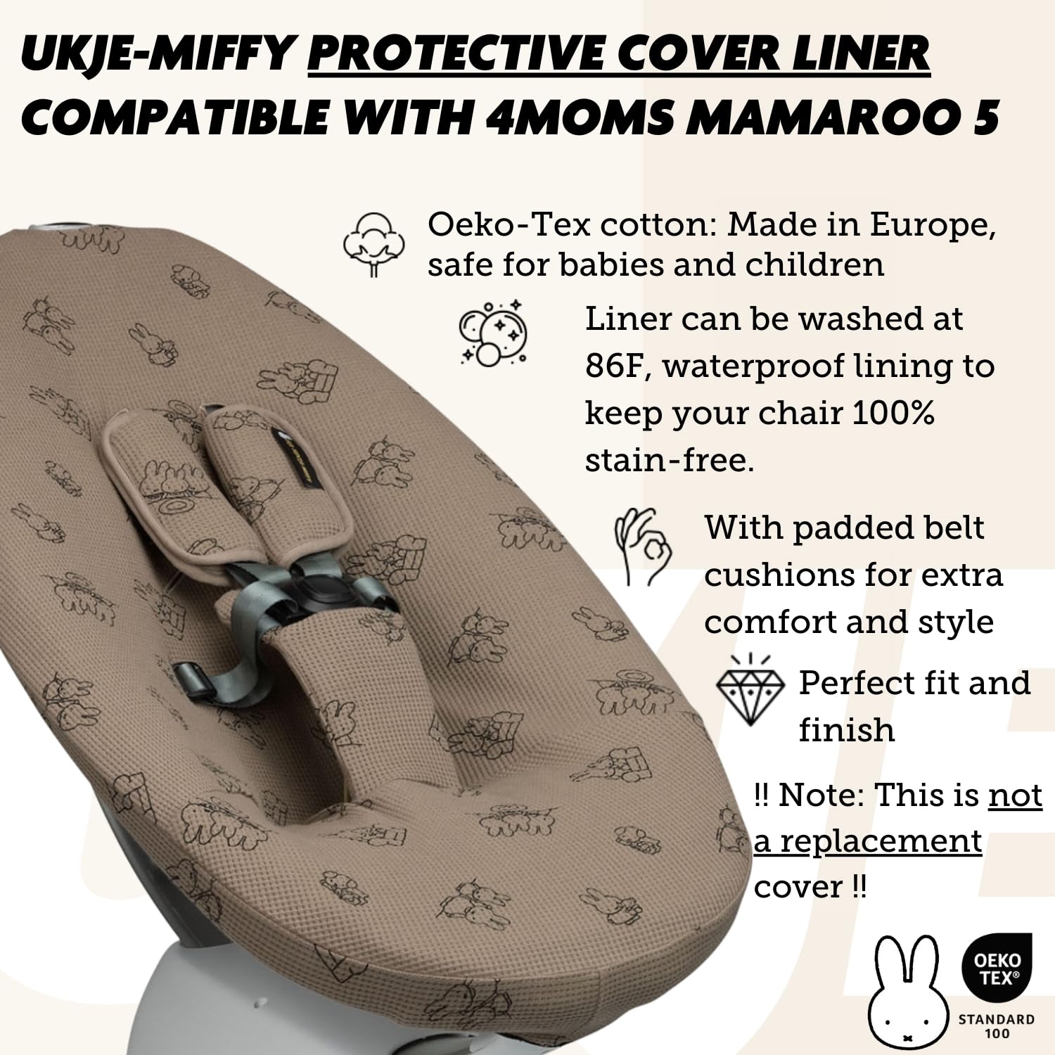 Ukje Protective Cover Compatible with 4moms RockaRoo or MamaRoo 5, Multi-Motion Baby Swing, Baby Swing Liners, Baby Rocker Cover, Easy to Install, Easy to Wash, Handmade in Europe - Miffy