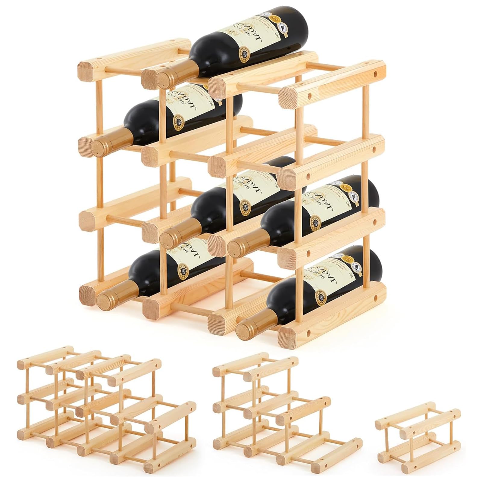Wooden Wine Rack for 12 Bottles, 4Tier Freestanding Bottle Holder Organizer
