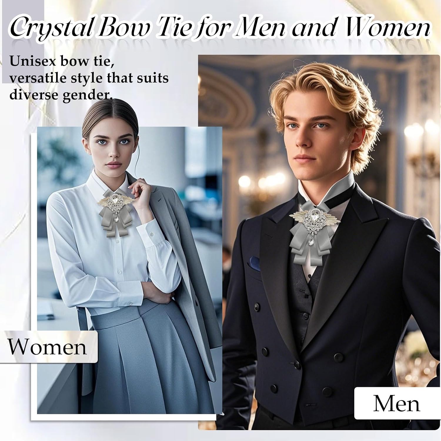 Rhinestone Bow Ties for Men Women, Pre-tied Satin Mens Bow Tie Adjustable Crystal Bowtie for Wedding Banquet