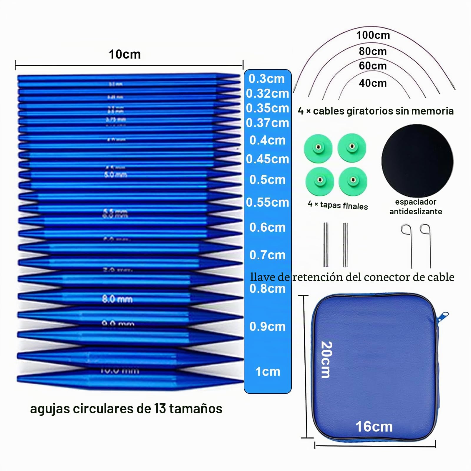 Juego de Agujas Circulares Intercambiables KOSLEOW, 13 Pares de Punteras 3,0-10,0mm con Cables 40/60/80/100cm, Agujas de Tejer de Aluminio Anodizado Azul para Lana Gruesa, Bolsa de Almacenamiento