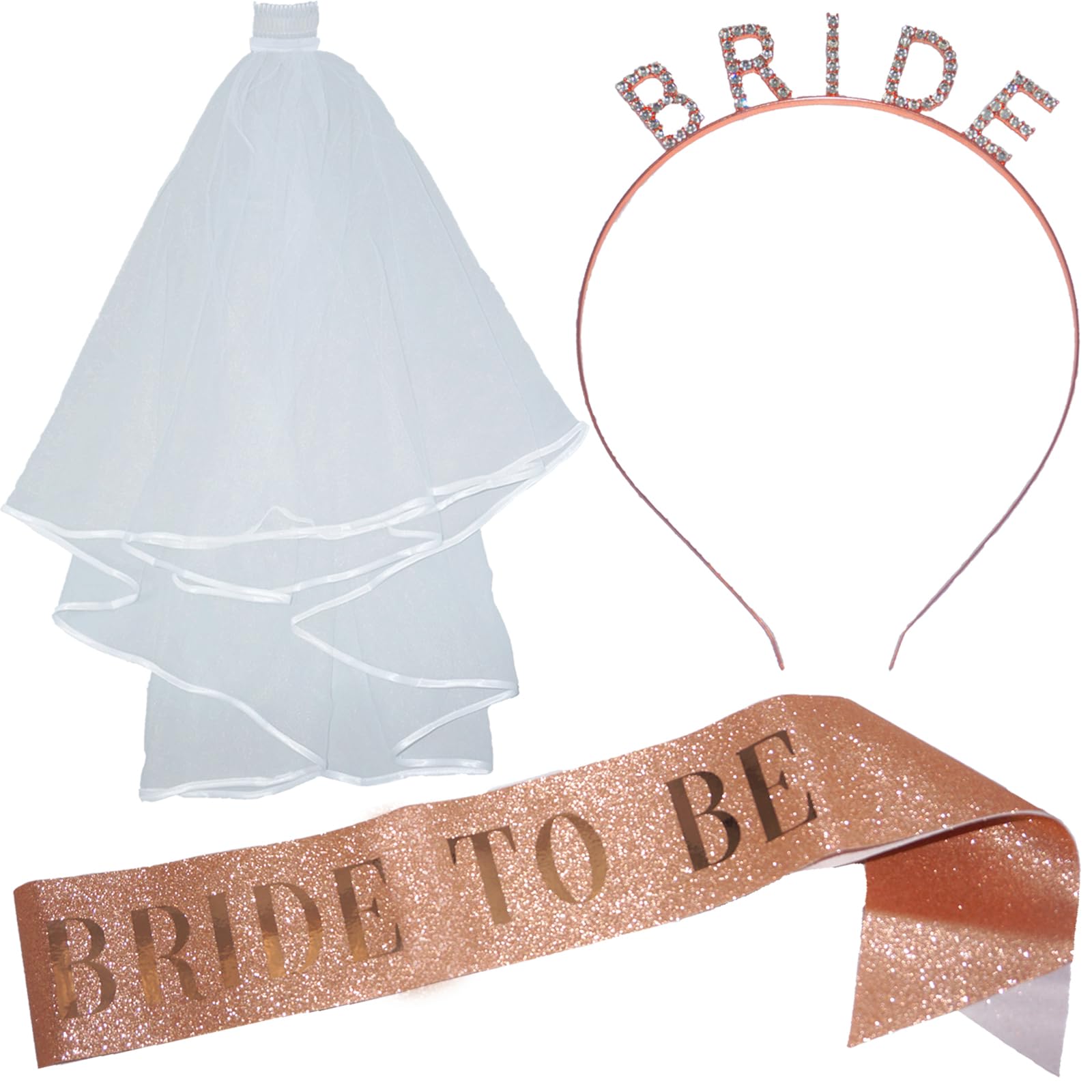 ZHENNAN Bride To Be Set, Rose Gold Bride Headbands& White Bride Veil with Comb& Silver Bride to be Sash, 3 PCS Glitter Bridal Set Bachelorette Party Favors Bridal Shower Decoration Gifts for Bride