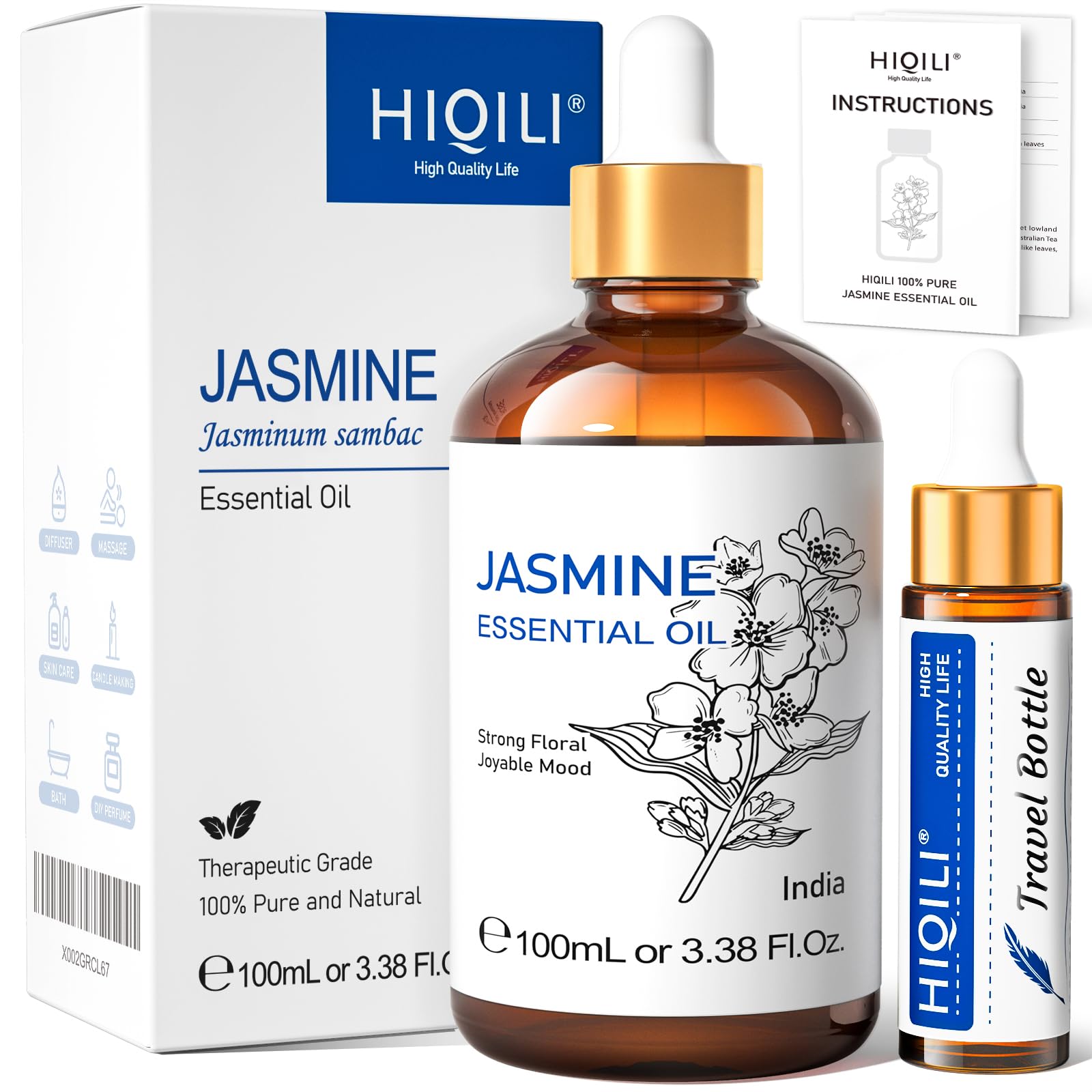 HIQILI Aceite Esencial de Jazmín 100ML, 100% Natural, Aceite Esencial para Rostro, Velas, Difusor, Piel y Cabello - 3.38 Fl Oz