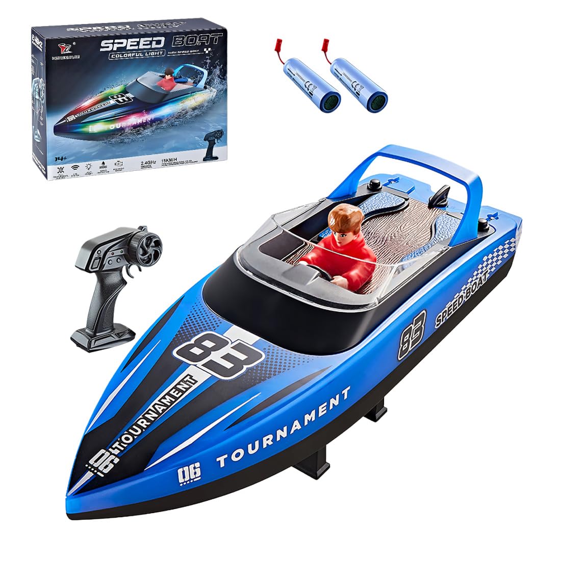 NULA Barca radiocomandata per piscina, lago e laghetto, 15 km/h, con illuminazione ad anello a LED, doppio motore da 2,4 GHz, barca telecomandata per adulti, hobbisti (blu/2 batterie)