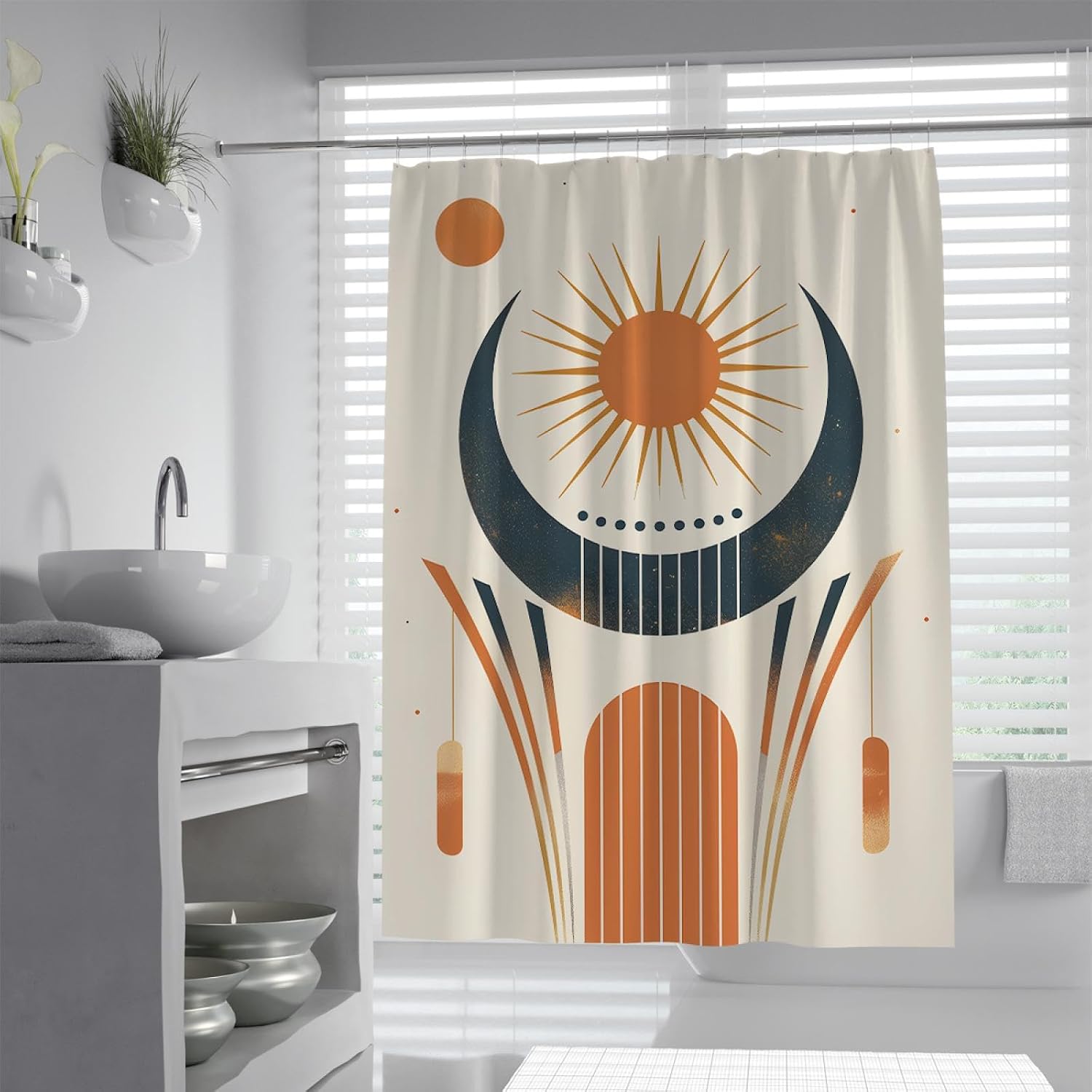 Mid Century Shower Curtain Abstract Sun Prints Boho Bathroom Curtain Liner Neutral Beige Minimalist Bath Accessories Decor 72Wx84L in