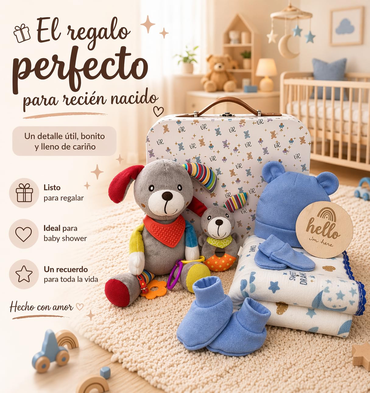 Canastilla Regalo para Bebé recién nacido. Cesta regalo para bebé recién nacido Incluye: Maletín, Manta, Conjunto de Ropa 100% algodón orgánico, Peluche, Sonajero, Tarjeta de Bienvenida