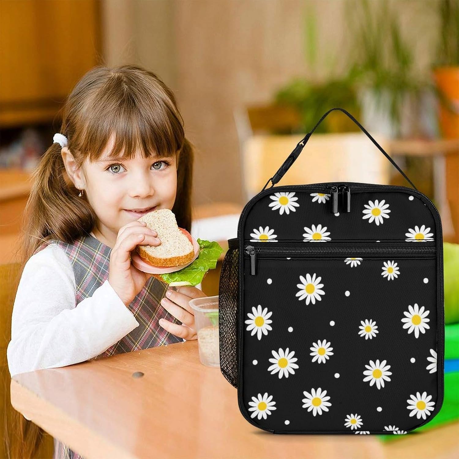 Floral Daisy Black Flower Lunch Box Girls Boys Insulated Lunch Bag Reusable Lunchbox, Cute Lunch Box for Girls Boys Teen, Waterproof Lunch Tote Bag for Women Men Kids Work Office School Picnic - Image 7