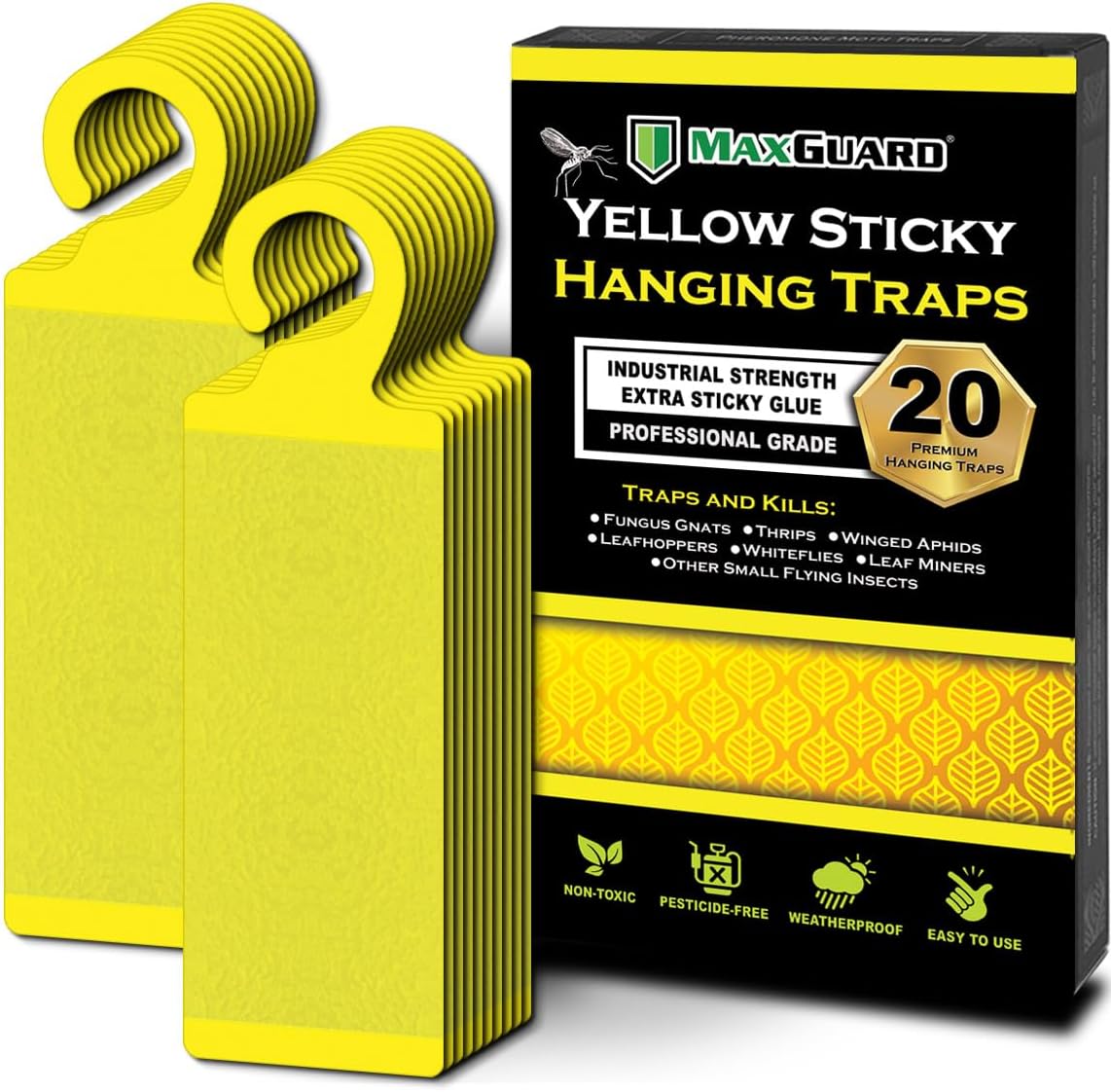 MaxGuard (20 Pack) Yellow Sticky Hanging Traps - Catch and Kill Fungus Gnats, Whiteflies, Mosquitos, Aphids, Leaf Miners, Flying Insect Catcher Glue Trappers for Indoor or Outdoor