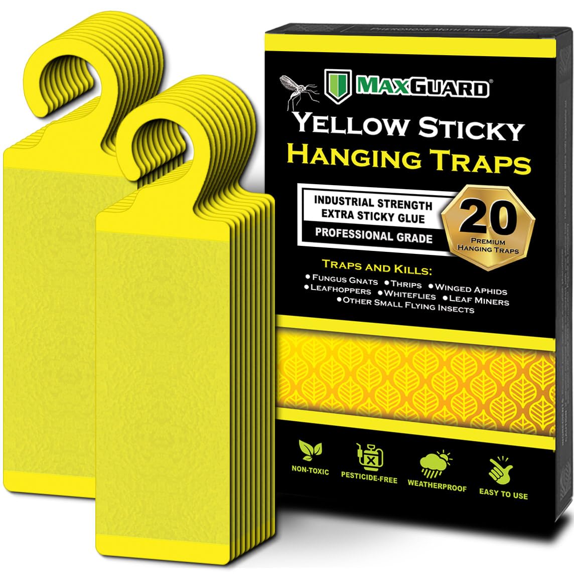 MaxGuard (20 Pack) Yellow Sticky Hanging Traps - Catch and Kill Fungus Gnats, Whiteflies, Mosquitos, Aphids, Leaf Miners, Flying Insect Catcher Glue Trappers for Indoor or Outdoor