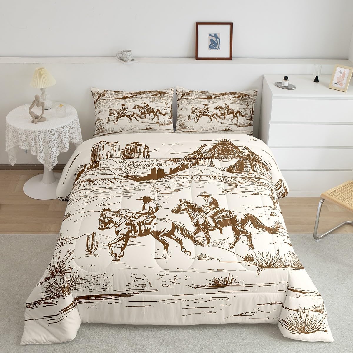 Erosebridal Cowboy Comforter Set Western Bedding Queen Size Wild West American Desert Hand Drawn Illustration Room Decor Down Rustic Farmhouse Quilt for Teens Boys Adults Men Girls