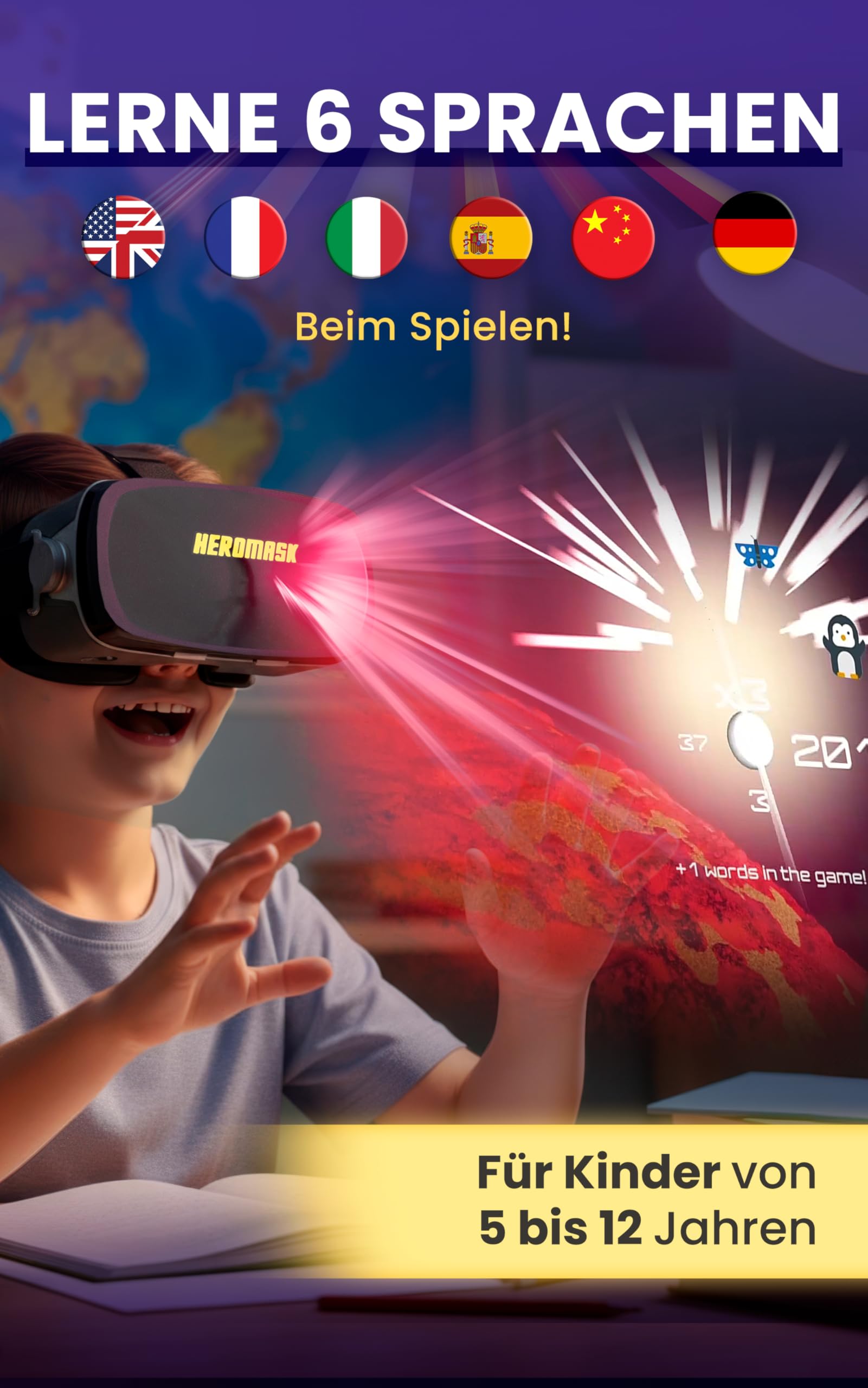 Heromask VR Brille Kinder 5-12 Jahre · Sprachen-Lernspiel Englisch & Mehr | Englisch, Spanisch & Französisch spielerisch in VR lernen. Für iPhone/Android. Originelles Geschenk für Kinder