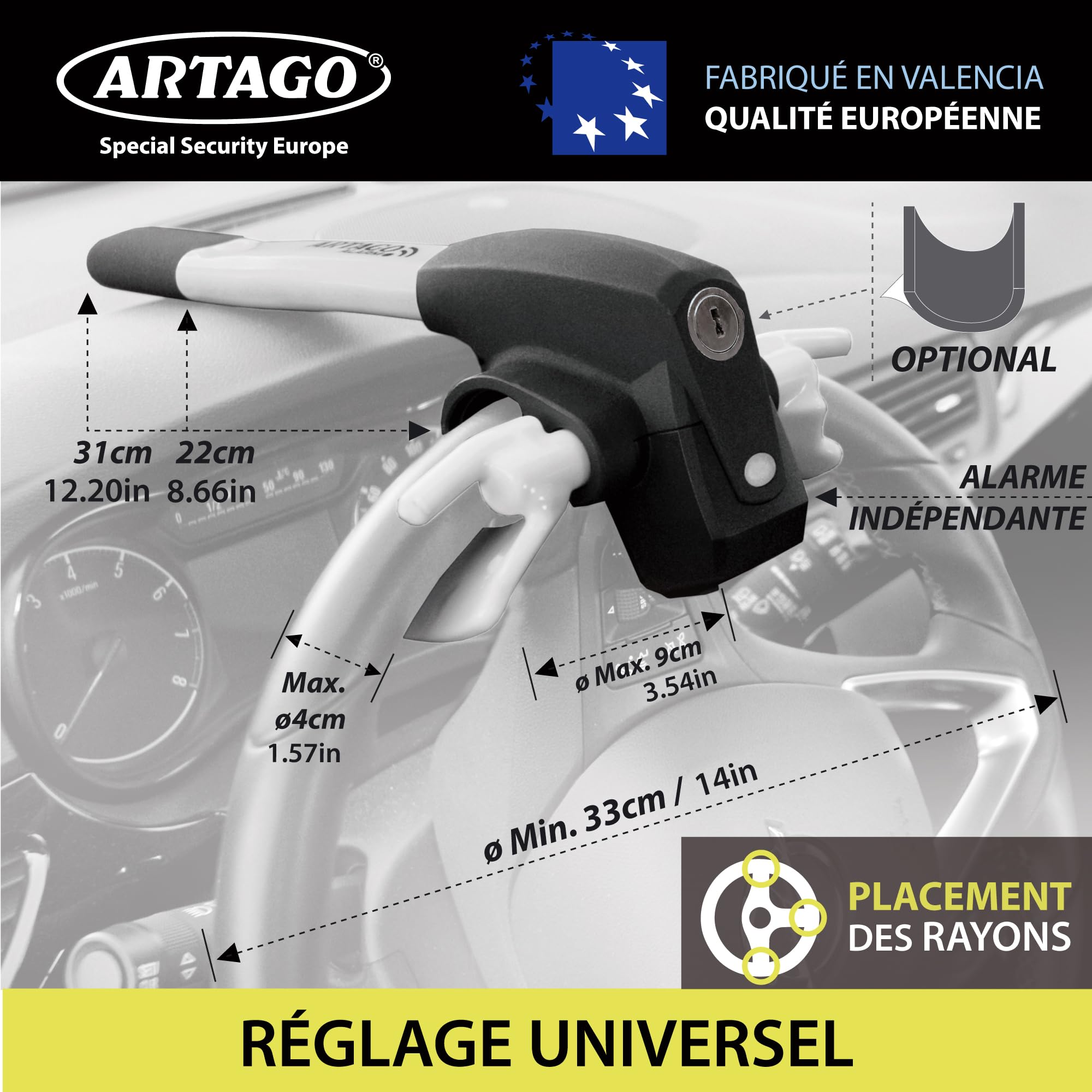 ARTAGO 870 Antivol Voiture Haut de Gamme, Canne Antivol Voiture 2en1 | Alarme Intelligente, 120dB, LED Nuit, Warning Dissuasif | Bloque Volant Plus Sûr Autour d'un Rayon, Meilleure Barre Bloc Auto SUV