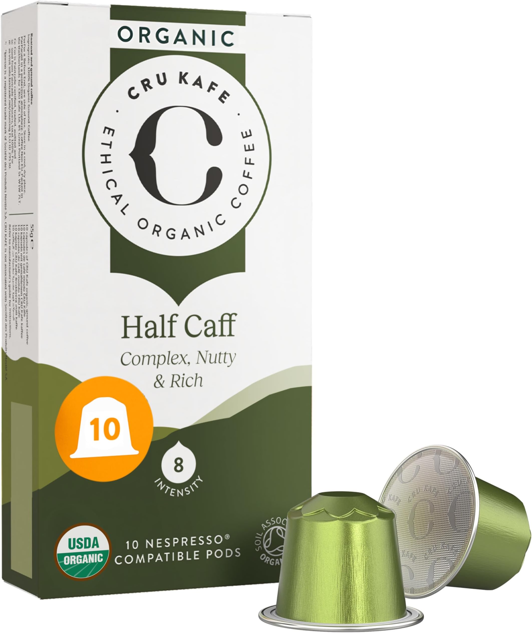 USDA Organic Half Caff Espresso Coffee Capsules (10 Pods) Fairtrade Coffee Pods Compatible with Nespresso Original Line and Pixie Machines