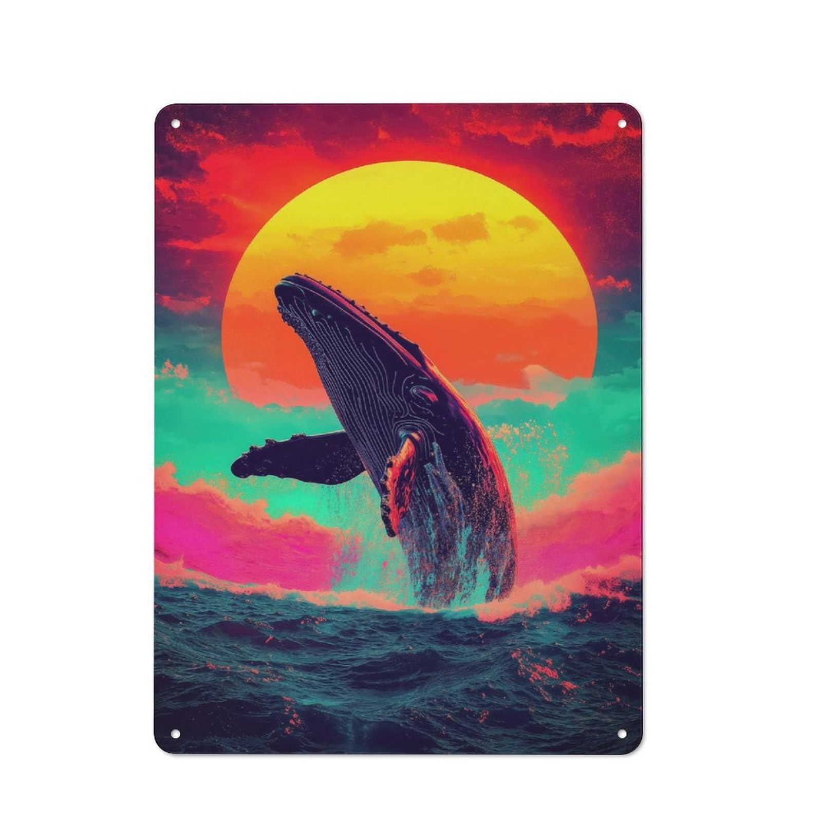Vintage Whale Jumping Sunset Decorative Tin Plaque 40x30cm, Room Wall Plaque for Hallway, Home Bar, Garage Or Study