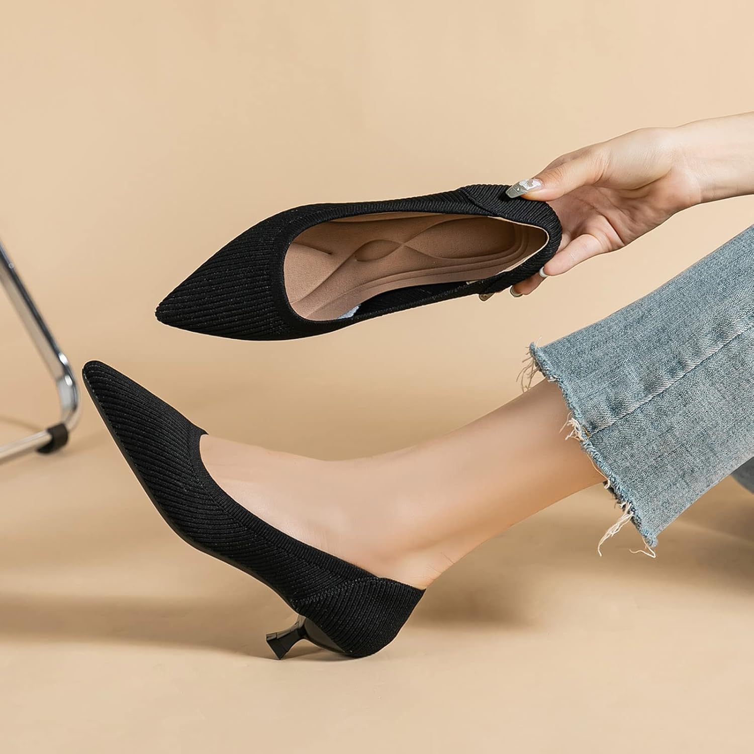 youngshow Women's Pumps Kitten Heels Pointed Toe Knit Slip On Comfortable Casual Formal Dress Shoes - Image 5