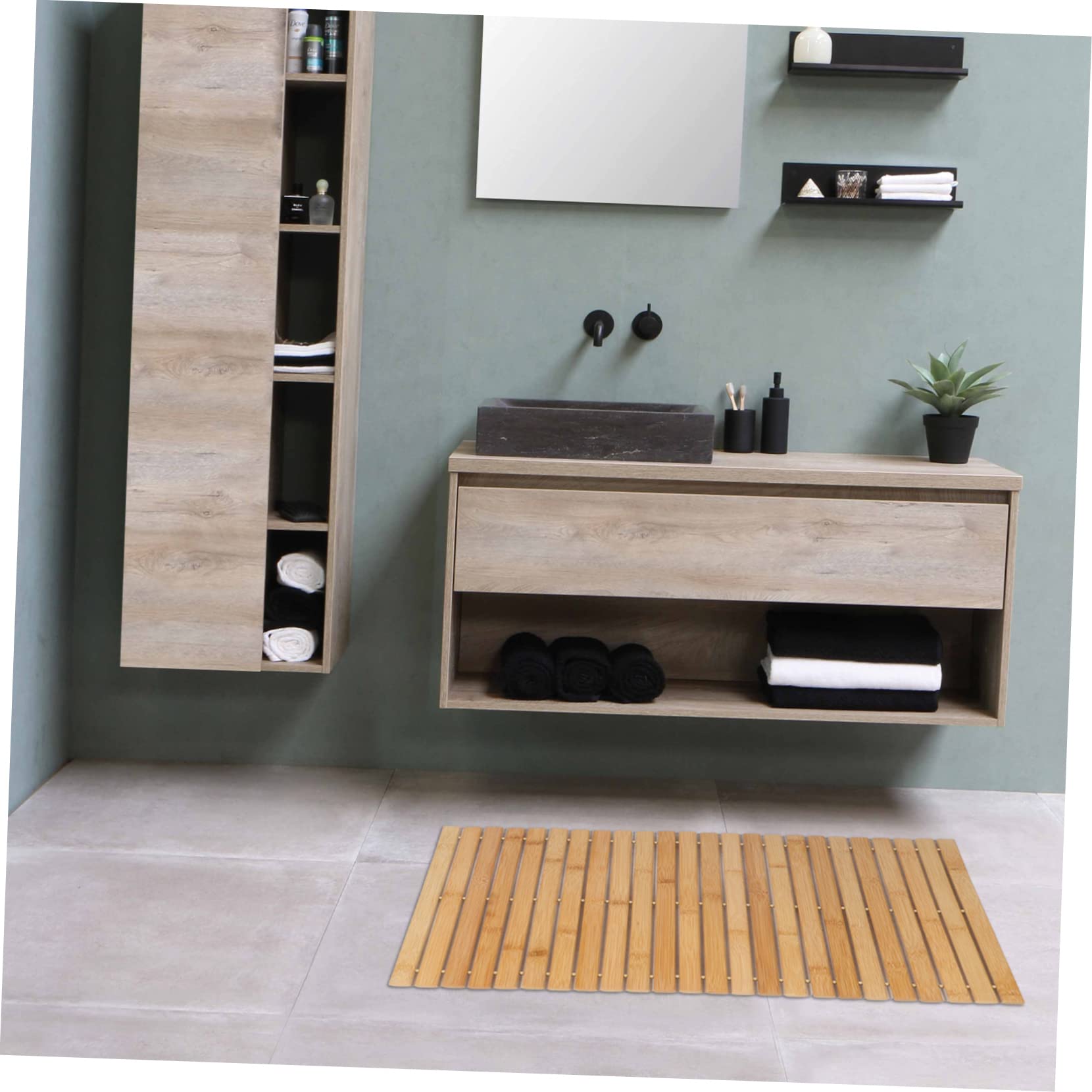 Alipis Tapis de Bain en Bambou Marron Antidérapant pour Chambre