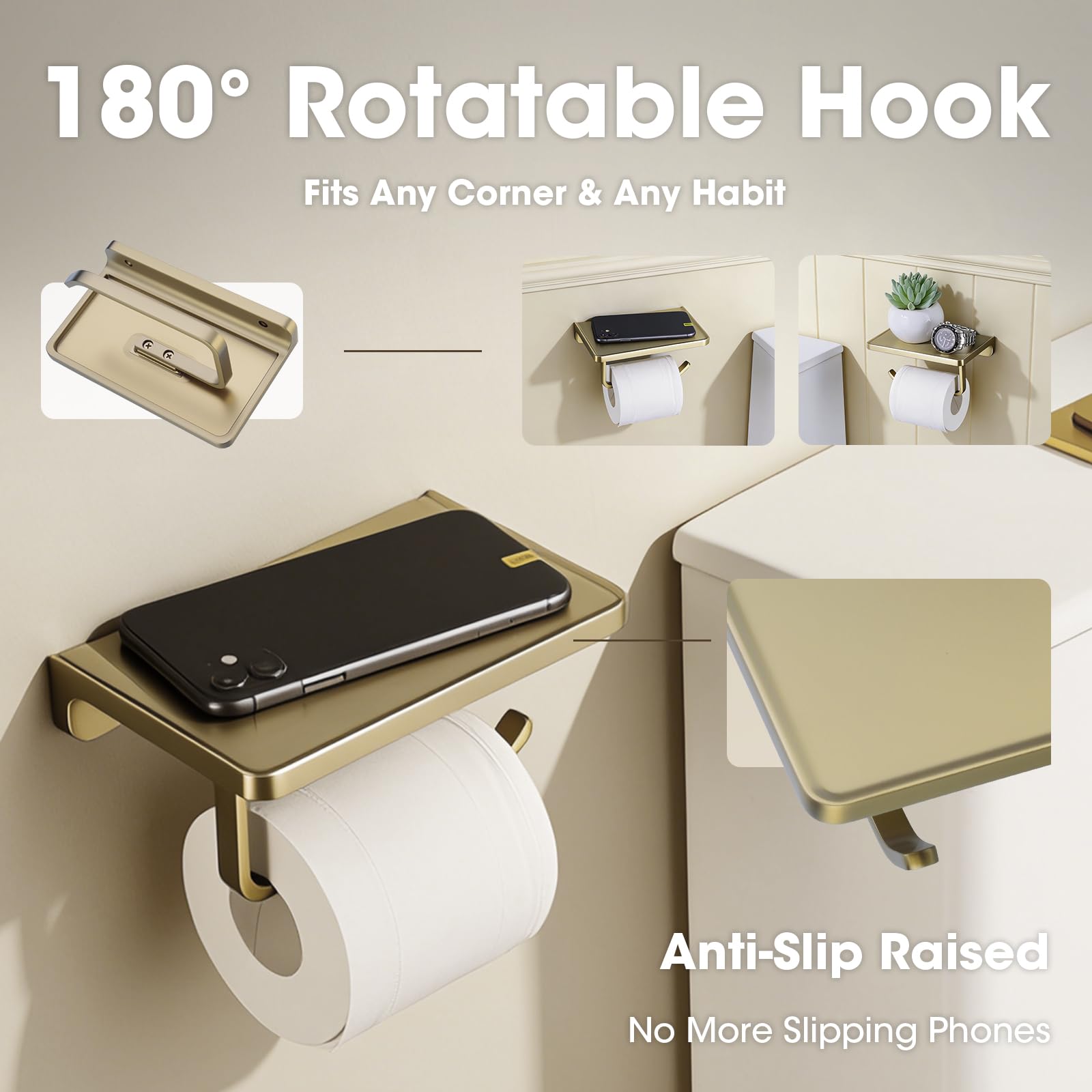 TRUSTMI Soporte de Papel higiénico con Estante para teléfono, Accesorios de baño, dispensador de Rollo de pañuelos montado en la Pared, Oro Cepillado