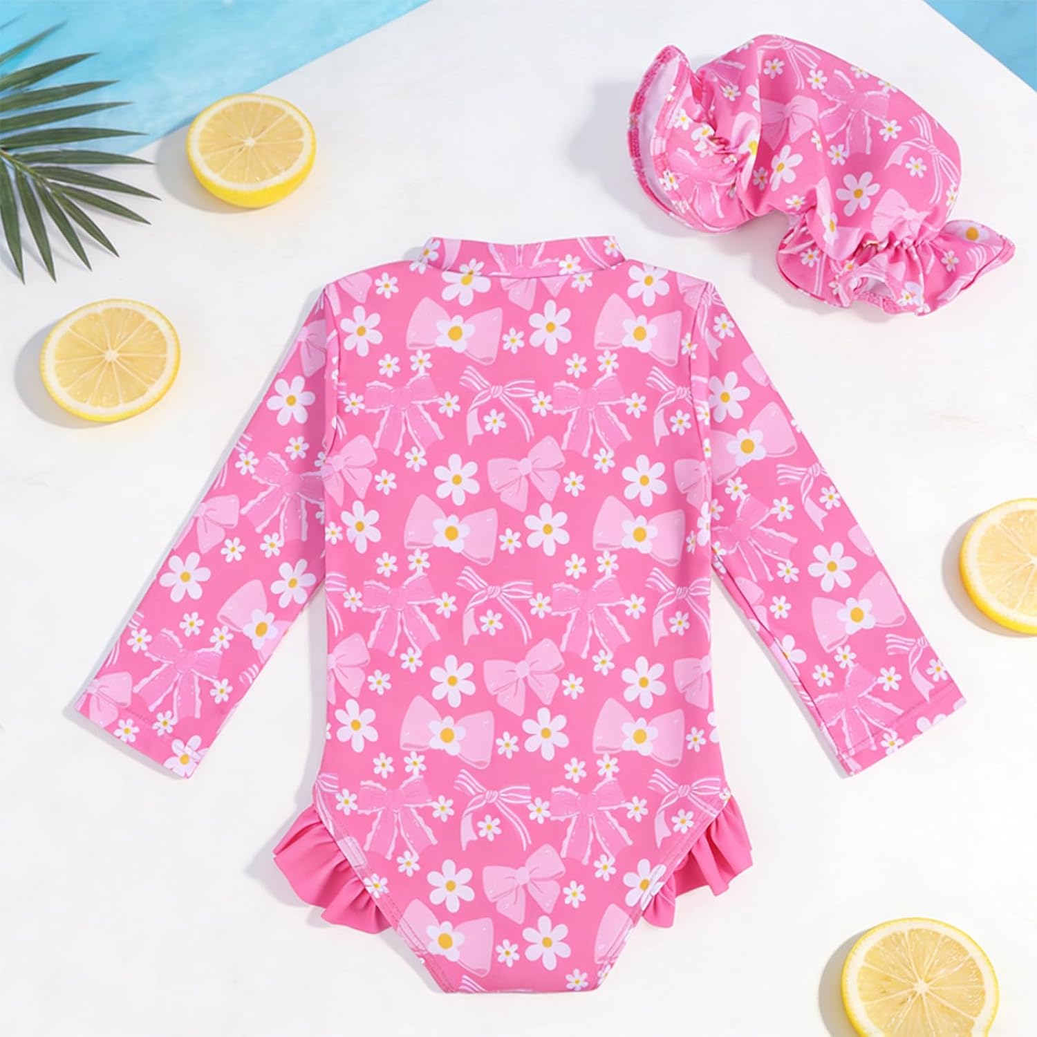 Baby Girls Swimsuit with Sun Hat Long Sleeve Rash Guard Infant Bathing Suit Strawberry Bow Beach Swimwear for 3M-2Y