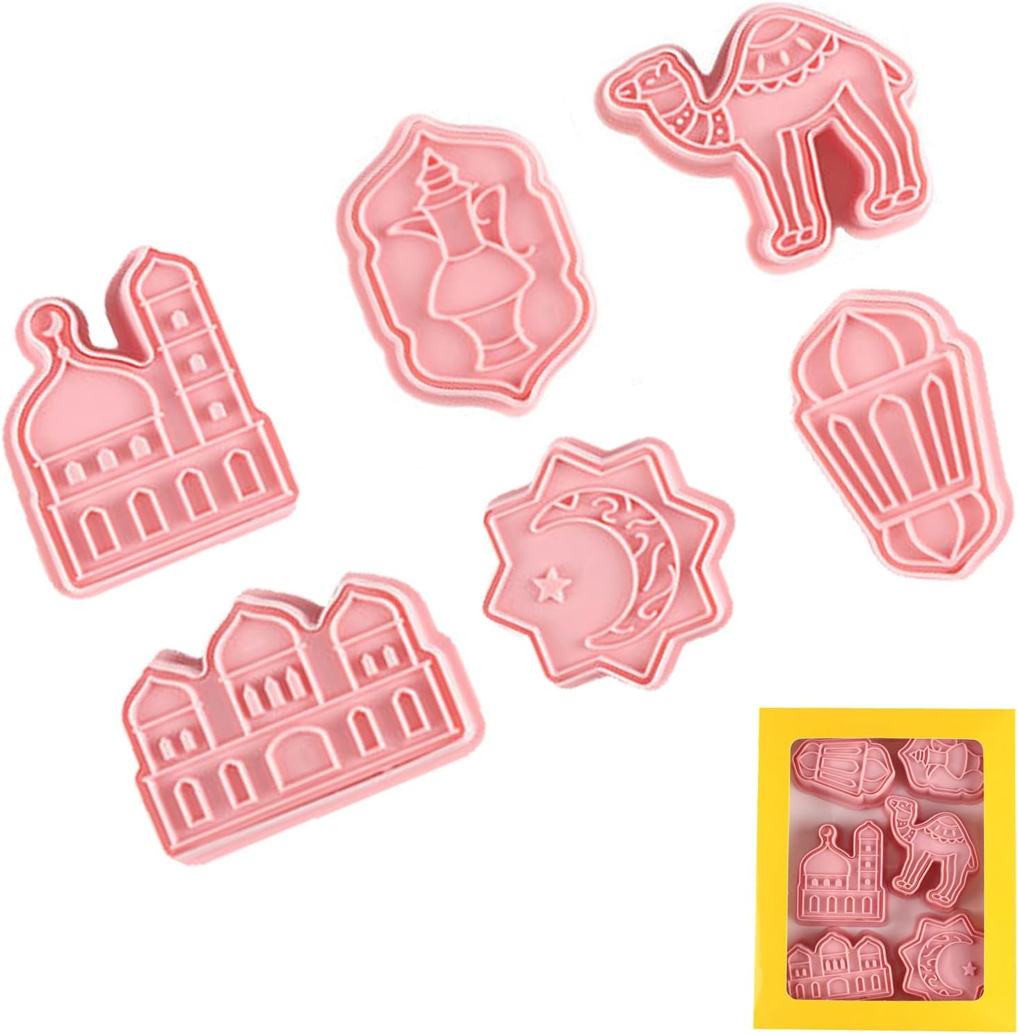 Ramadan Eid Mubarak Cookie Cutters Set - 6pcs for Fondant, Baking, and Cake Decorating - Mosque, Lantern, Camel, Star, Moon, Islamic Star Designs