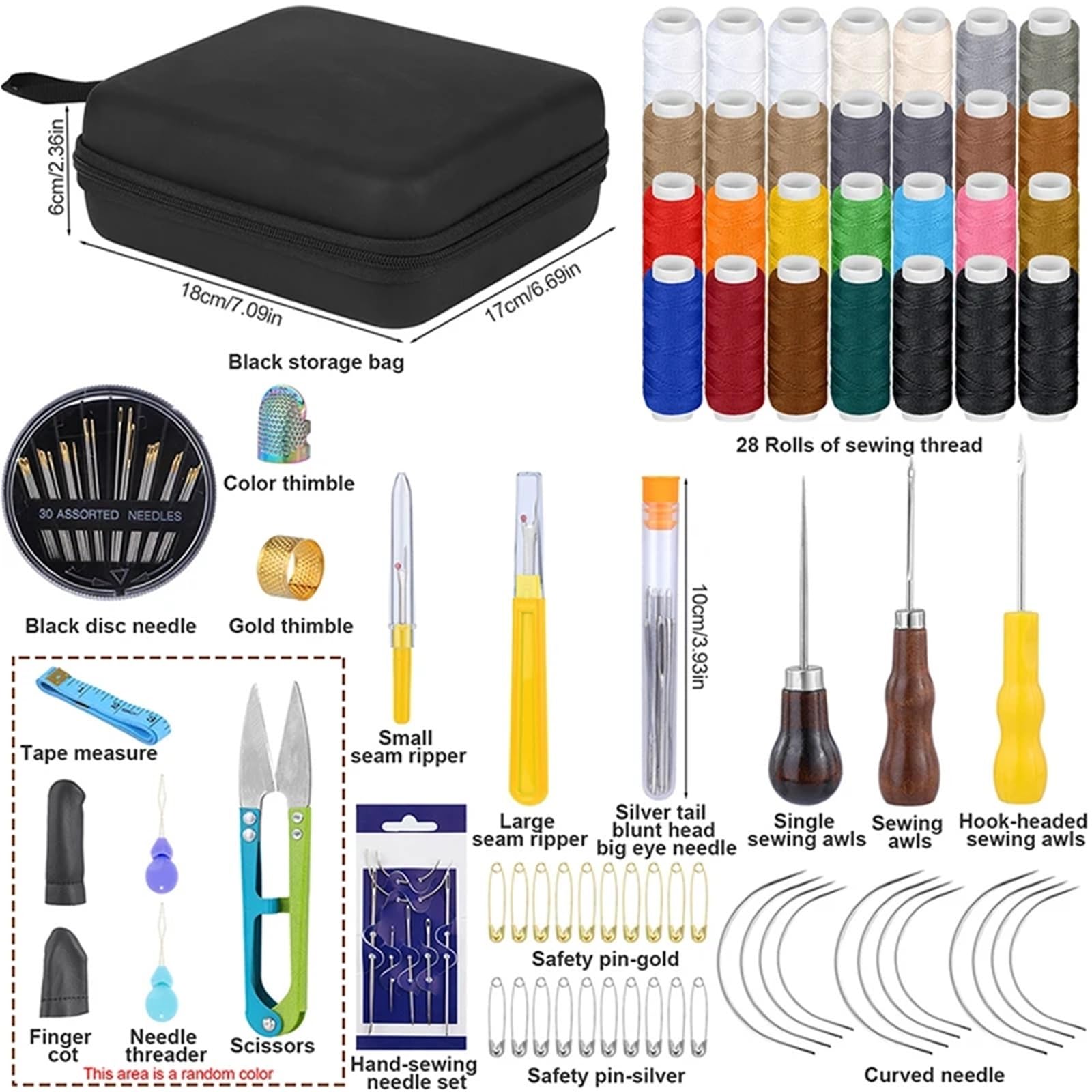 Kit de costura compacto 1 juego de kit costura cuero for reparación tapicería, con hilo, agujas curvas, punzón, descosedor, dedal y tijeras(Type2)
