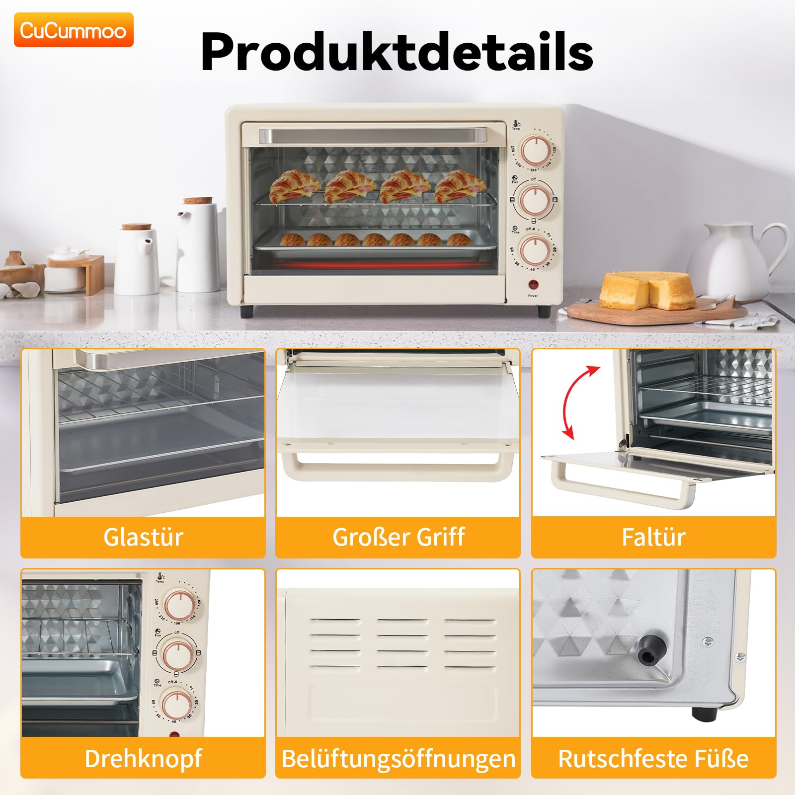 Minihorno pequeño 22 L, sartén y parrilla, 1000 W, temporizador 60 min, horno pizza, 120-250 °C, eléctrico para familias, fiestas, barbacoas, snackbars, postres