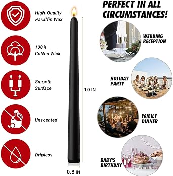 Bolosa 4 Black Taper Candles, 10 Inch, Unscented for Table Décor