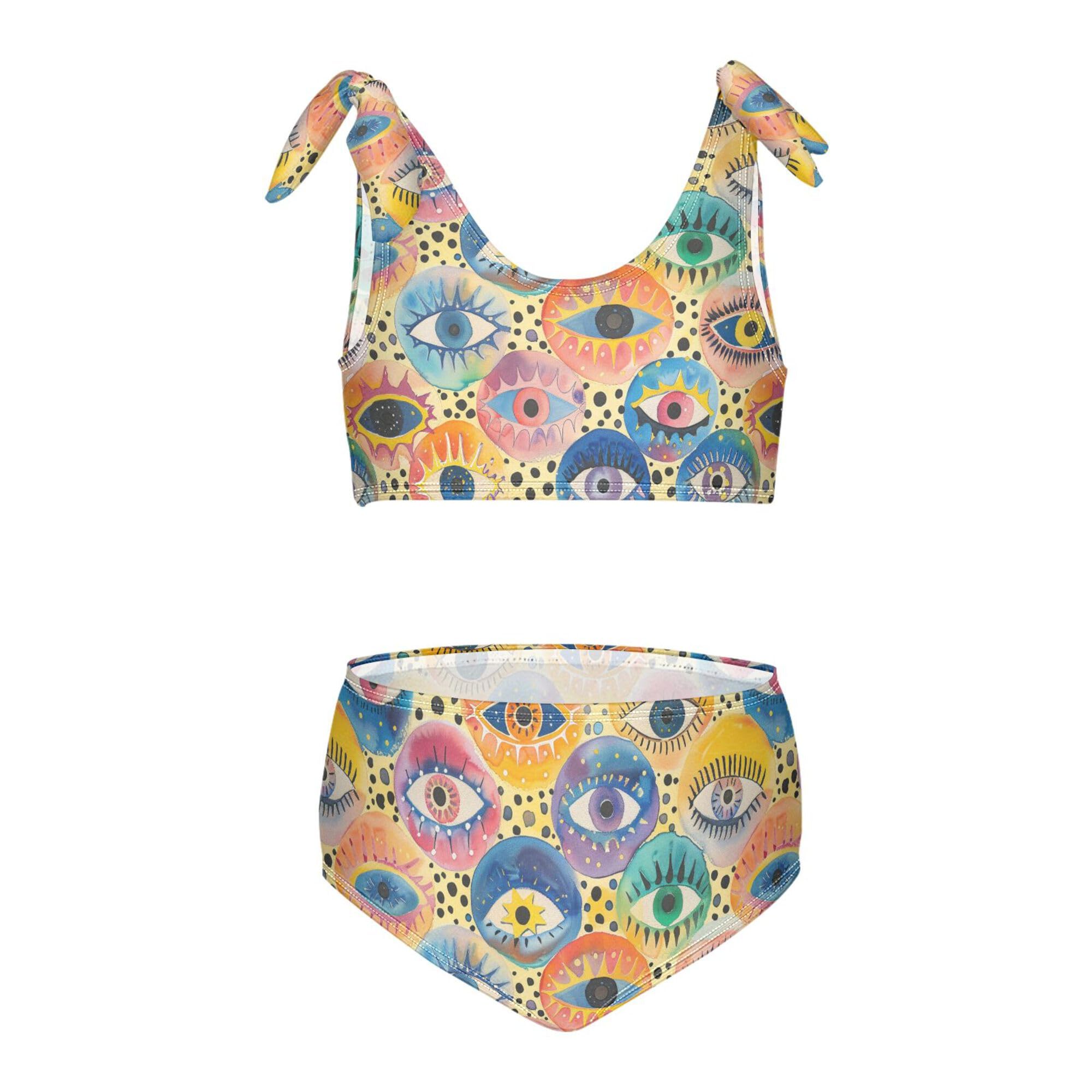 JUNZAN Evil Eyes Ball on Rainbows Leopard Printed Girls Swimsuits High Waisted 2 Piece Swimwear Youth Girls Tankini Swimsuit 3T