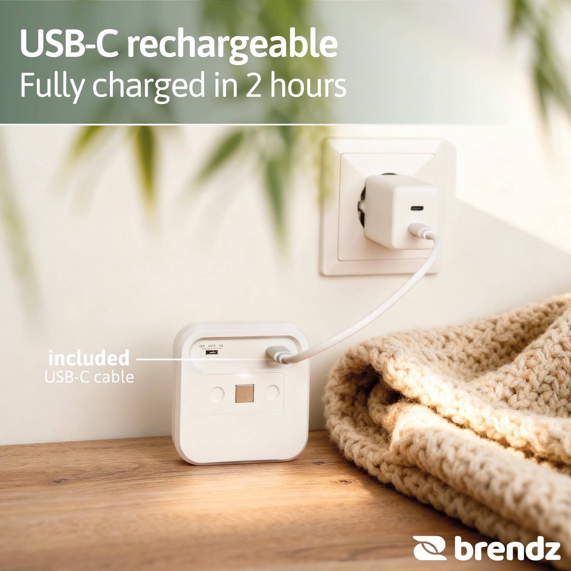Brendz Veilleuse LED pour escalier avec détecteur de mouvement, USB-C rechargeable, magnétique, blanc chaud 3000K, éclairage d'armoire sans fil, veilleuse, éclairage d'escalier, Inuk, pack de 4