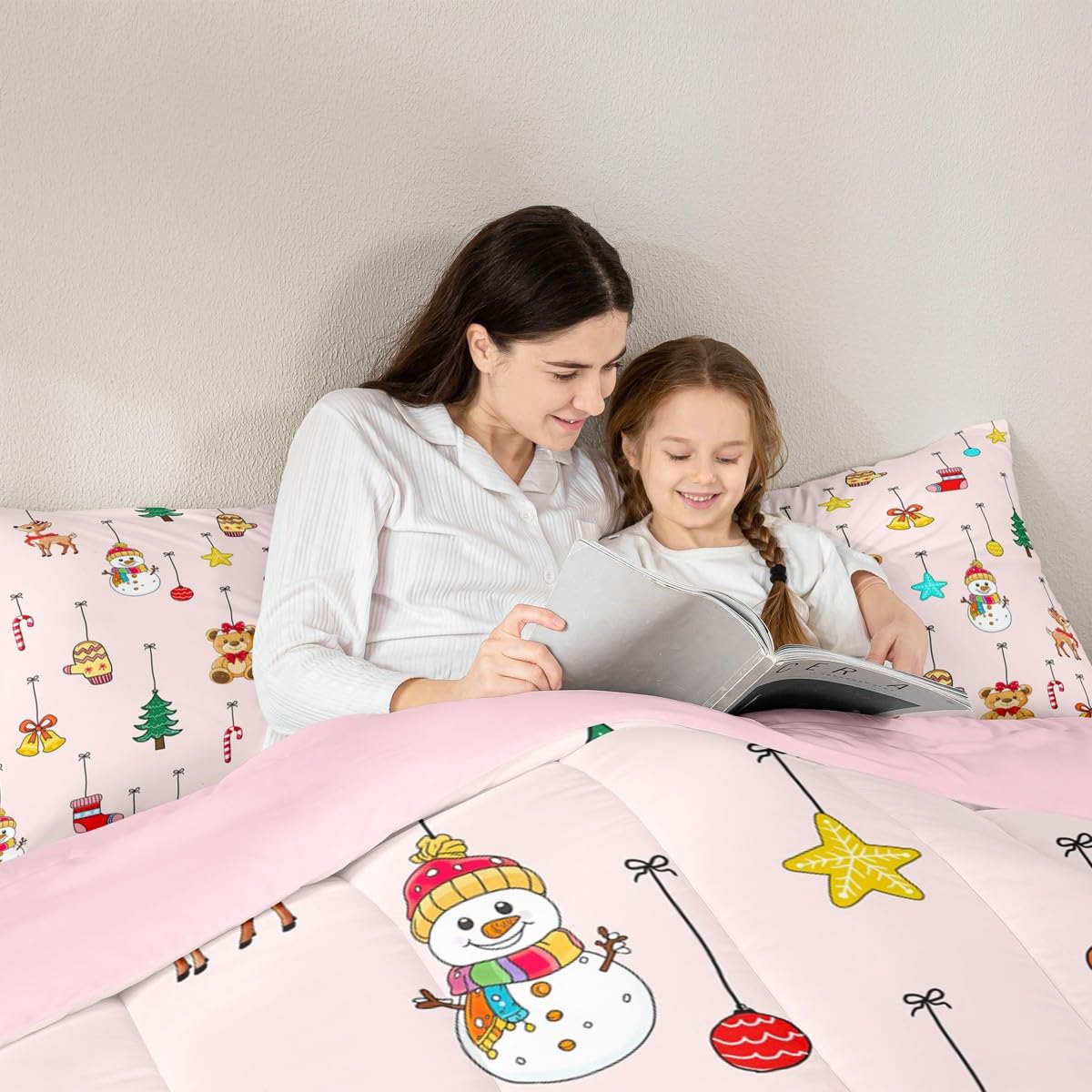 Homewish Różowy świąteczny zestaw kołdry w rozmiarze King Size - uroczy bałwan niedźwiedź dzwonki zestaw pościeli dla dzieci nastolatków lampki świąteczne zestaw kołdry - skarpety choinkowe bez