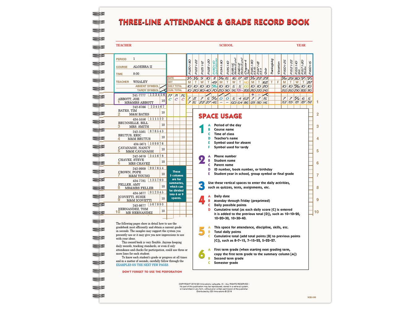 Whaley Gradebook (9 x 12 inches) 3-Line Grade Record Book, Four 10-Week Sessions (9GB-049) - Image 4
