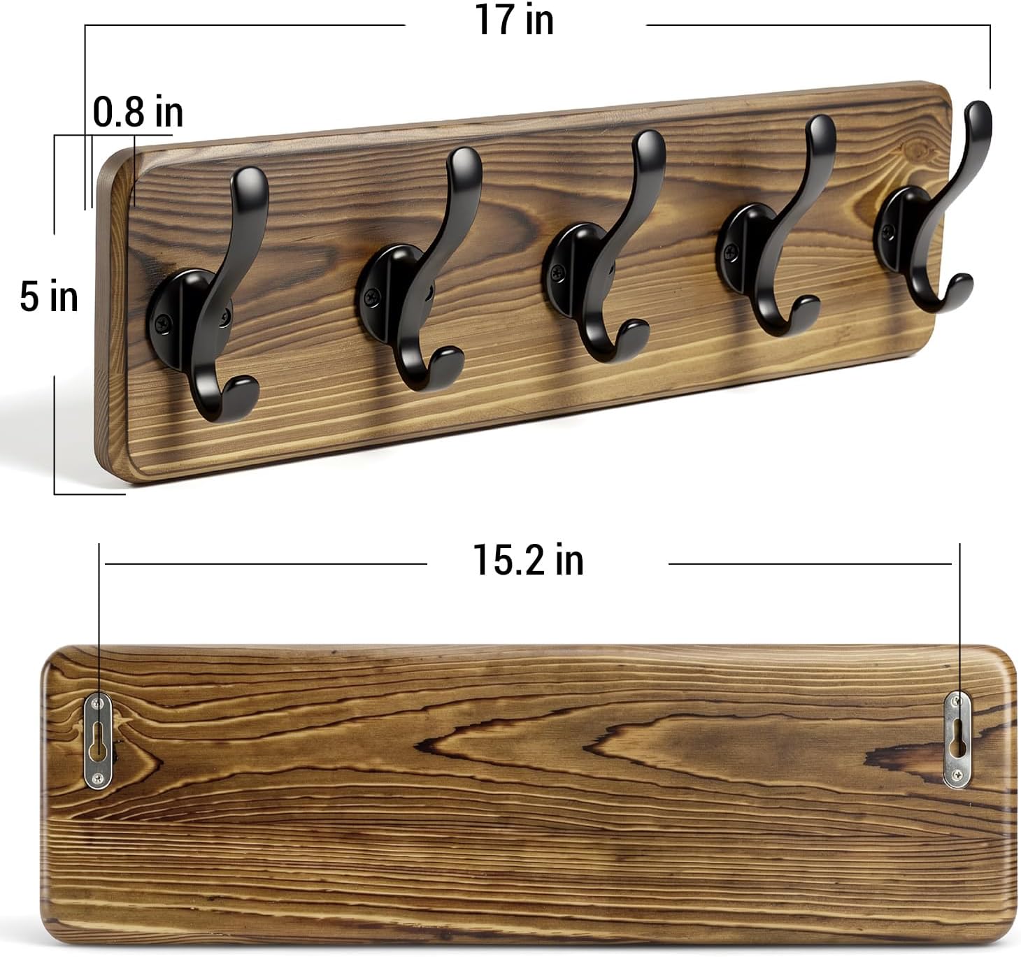 17" Coat Rack Wall Mount, Rustic Wall Mounted Coat Rack, Pine Solid Wood Coat Hook Hanger with 5 Metal Hooks- Wall Coat for Hanging Clothes Key Robes Towels Coats