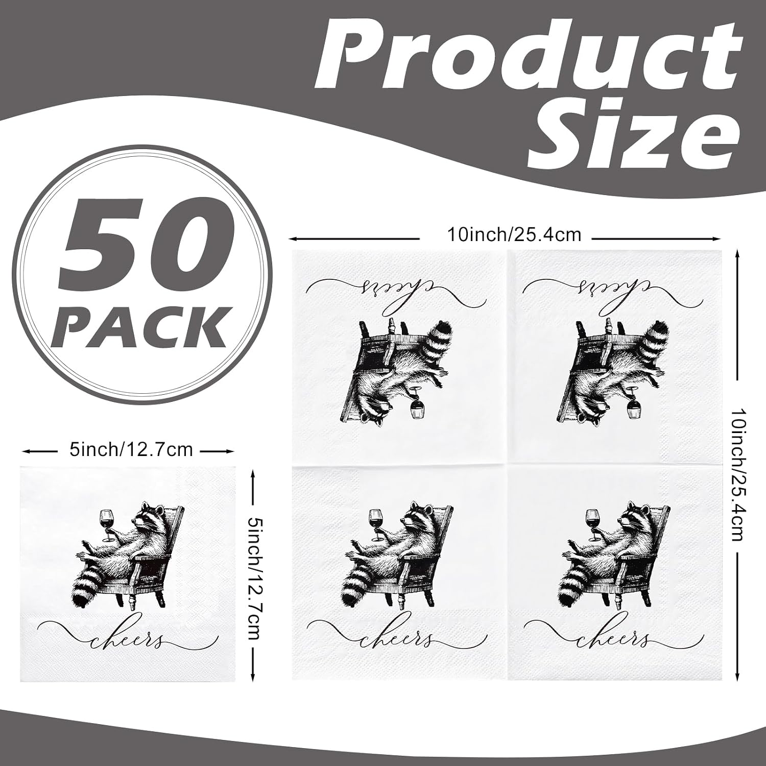 RUSPEPA 50 Pcs Funny Raccoon Paper Napkins, Black "Cheers" Wine Glass Raccoon Design, Vintage Sketch Disposable Cocktail Napkins for Party, Drinks, Celebrations, Gatherings, Table Decor, 5 x 5 Inch