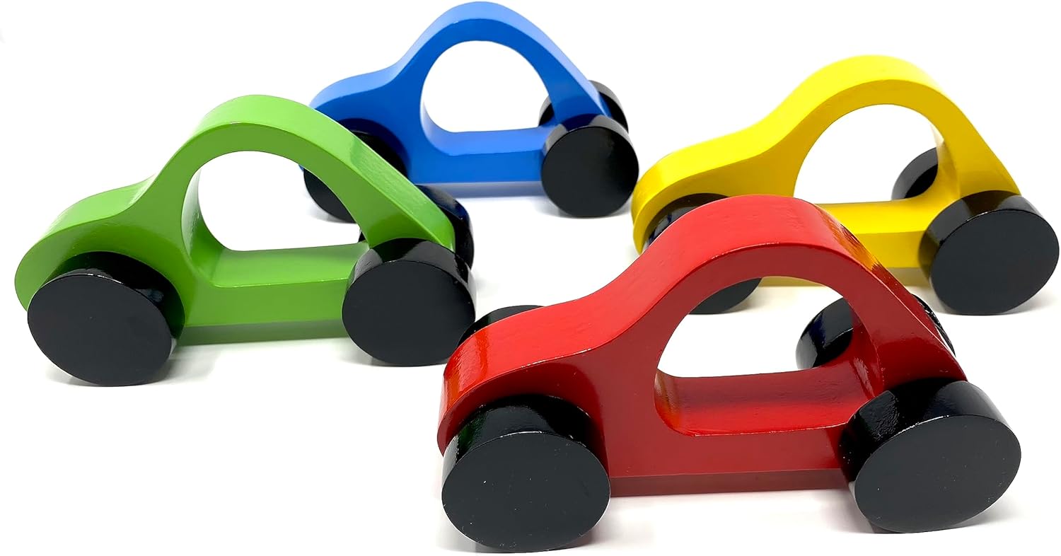 Keelie Cars” Set of 4 of Handcrafted Wood Easy Grip Push Toy Cars for Toddlers and Up - Ages 18 Months and up
