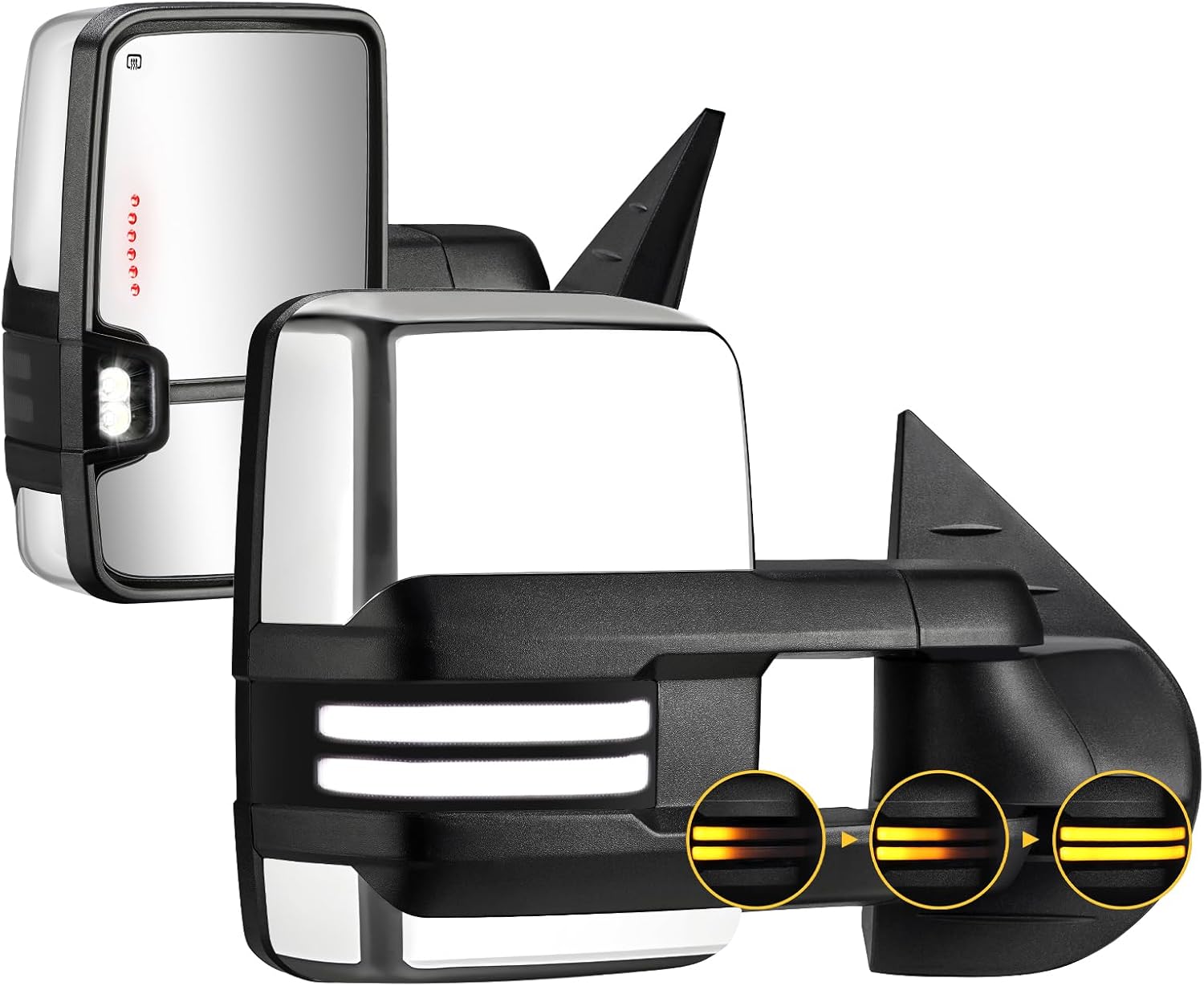 Switchback Towing Mirrors Chrome for 2007-2013 Chevy Silverado Suburban Tahoe Avalanche GMC Sierra Yukon with Power Glass Dynamic Turn Signal Light Backup Lamp Heated Extendable Pair Set