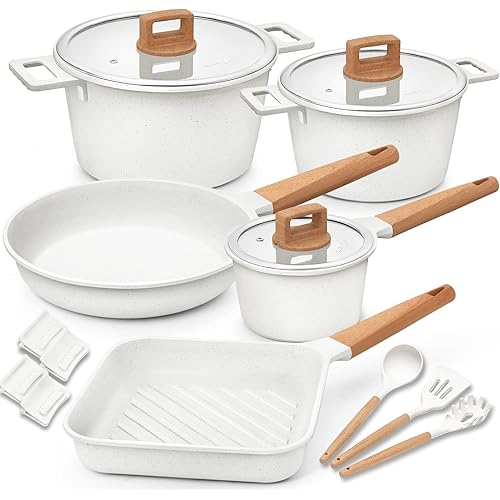 Cookware Set Nonstick 100% PFOA Free Induction Pots and Pans Set with Cooking Utensil 15 Piece – White