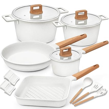 Cookware Set Non-Stick Scratch Resistant 100% PFOA Free Induction Aluminum Pots and Pans Set with Cooking Utensil Pack -15 - White