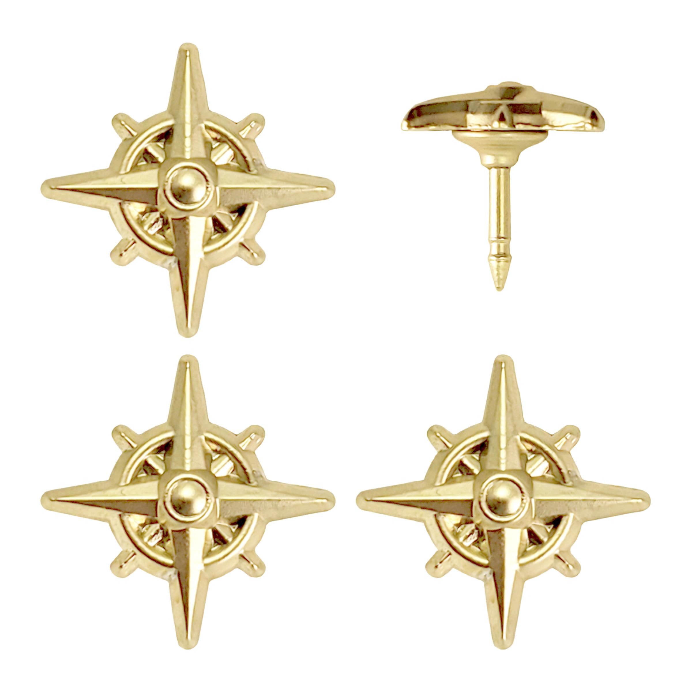 Compass Push Pins - Gold Metal Compass Rose Pins - for Cork Board, Maps, or Lapel Pin Use - Designed in USA - Set of 4