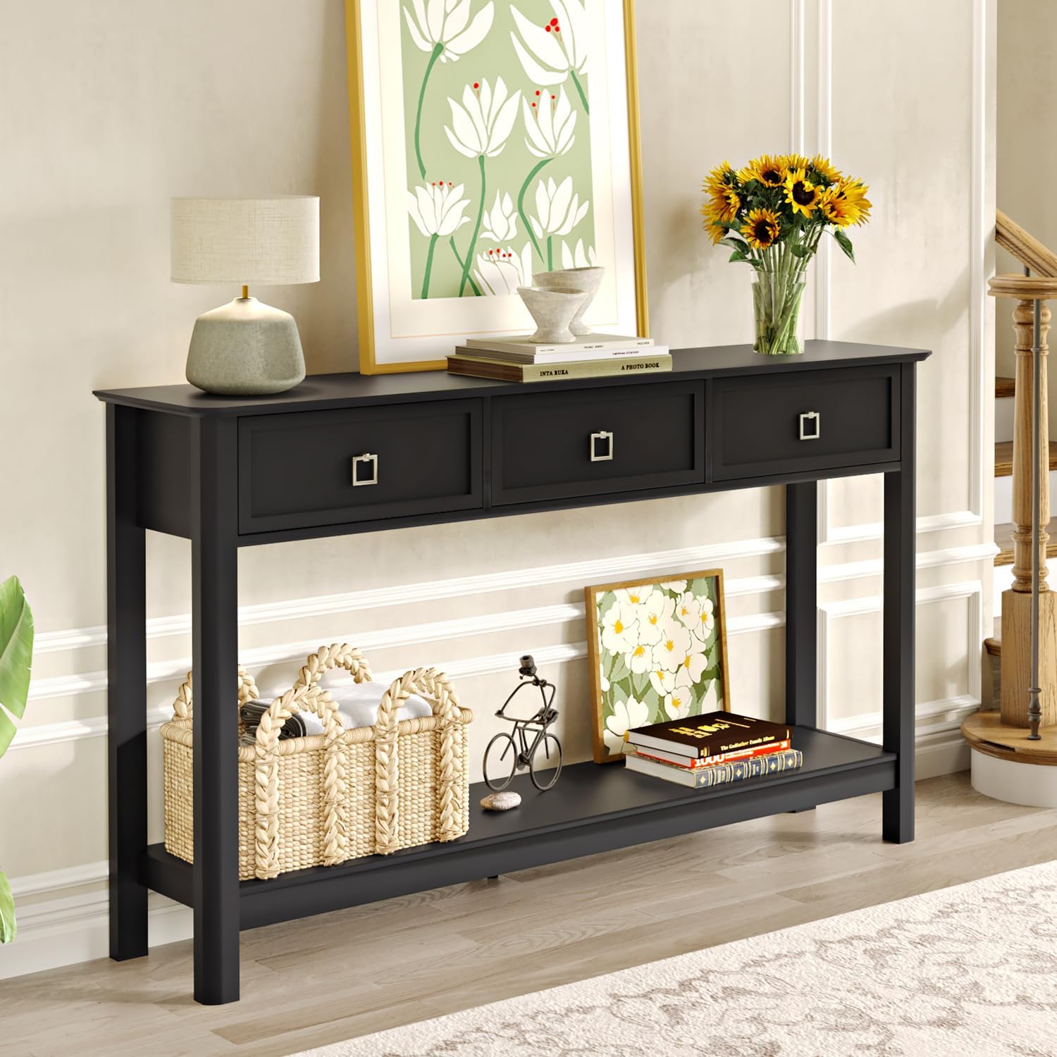 Treocho 53.1" Console Table with 3 Drawers, Modern Entryway Table, 2-Tier Narrow Long Sofa Table Behind Couch Table for Living Room, Hallway, Black