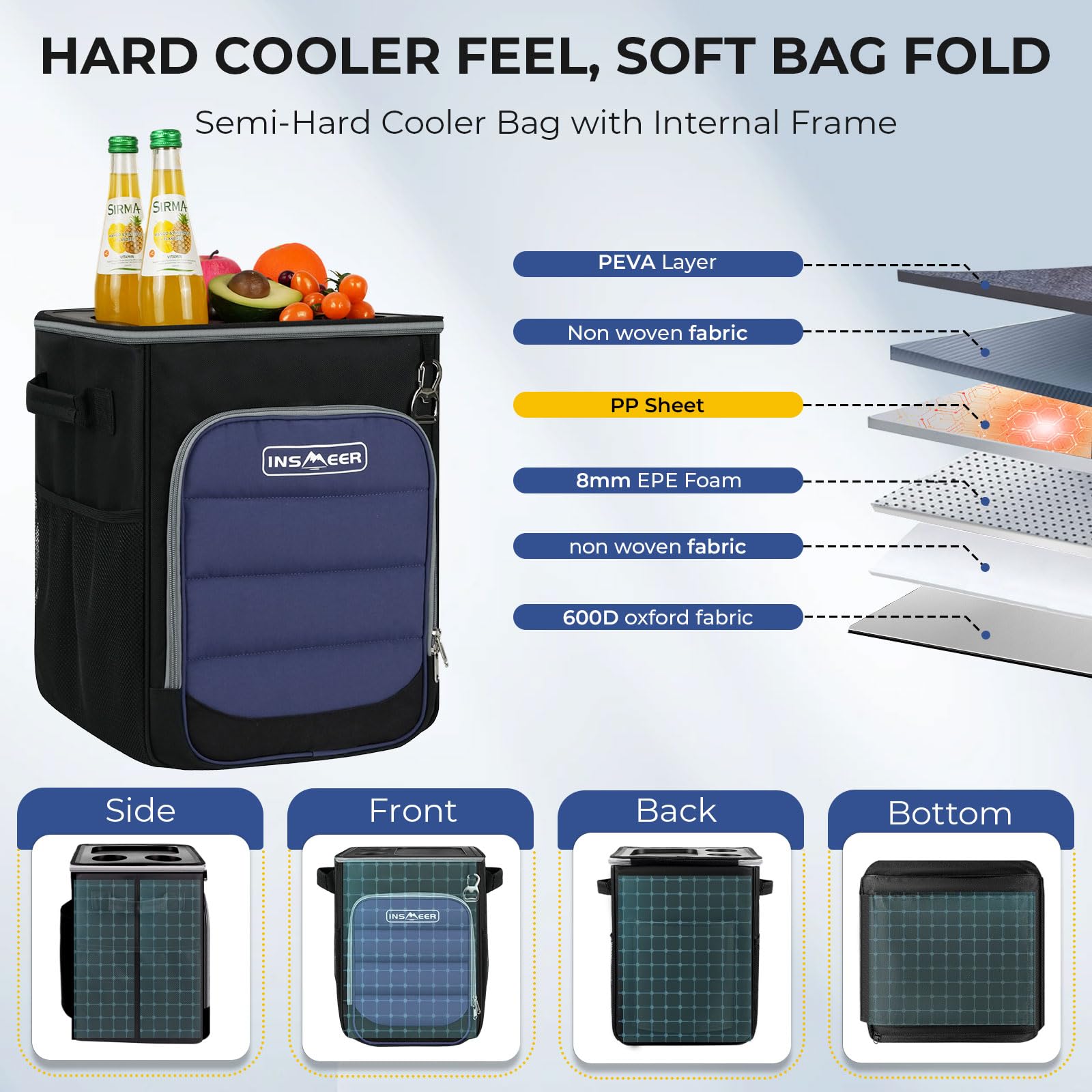 INSMEER 2-in-1 Kühltasche mit Rollen, 40L/60Cans Faltbare Weiche Seitenkühler auf Rädern, Hard Top mit 2 Getränkehaltern, Isolierte 100% Auslaufsichere Rollkühltasche für Picknick, Camping, Outdoor