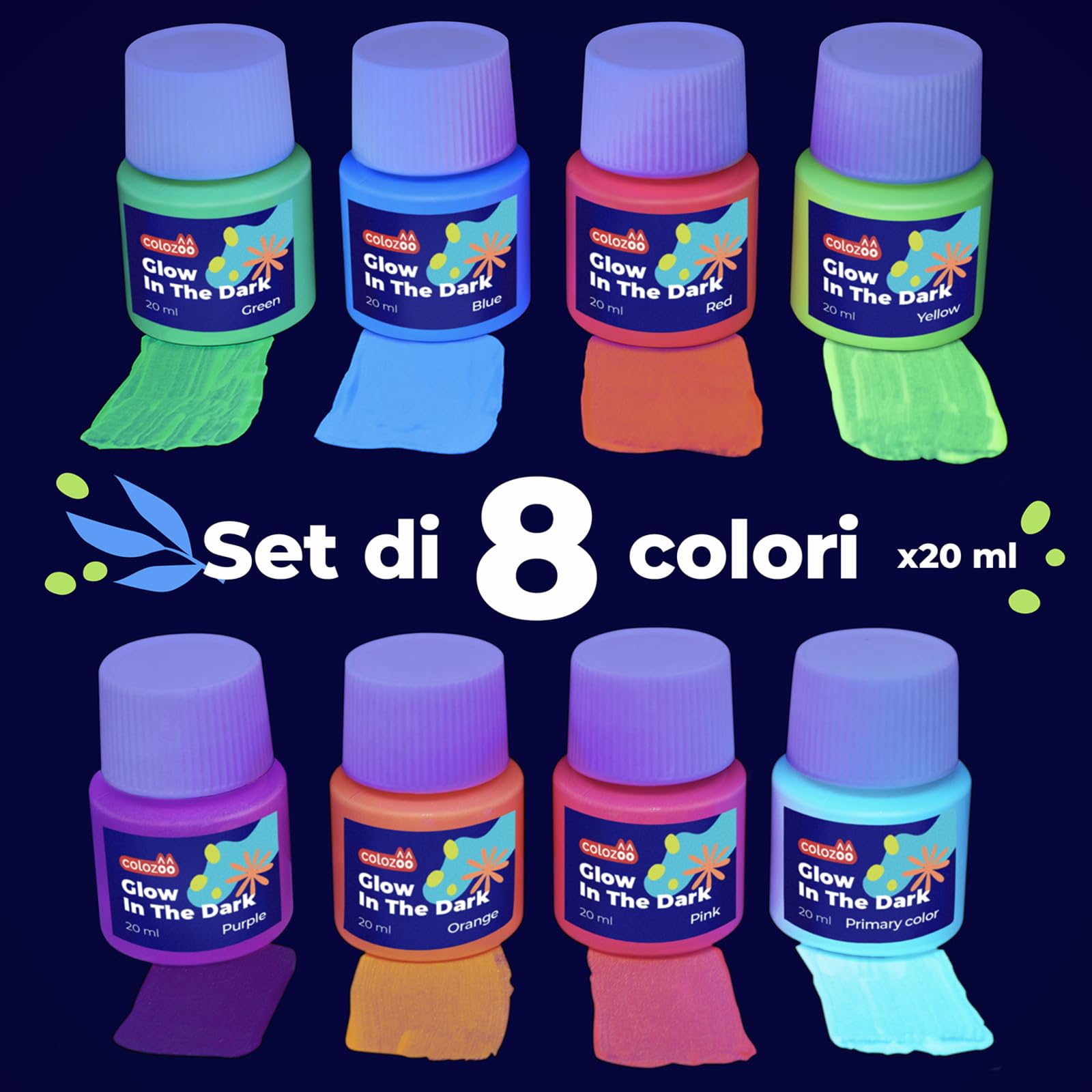 colozoo Set di colori acrilici fosforescenti 8x20ml luminosi +3 pennelli | brillano al buio sono durevoli su qualsiasi superficie fluorescenti autoilluminanti